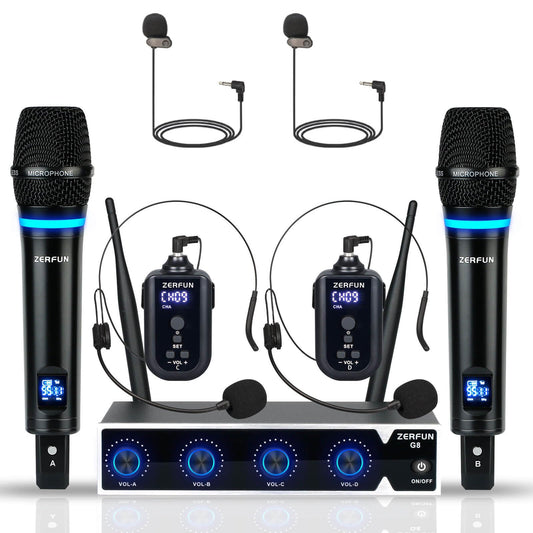 ZERFUN Rechargeable Wireless Microphone System 4 Channel Pro, UHF Metal Handheld Headset Lavalier Lapel Mics Cordless for Church Karaoke Singing with Volume Control, 4x50 Frequency(G8)