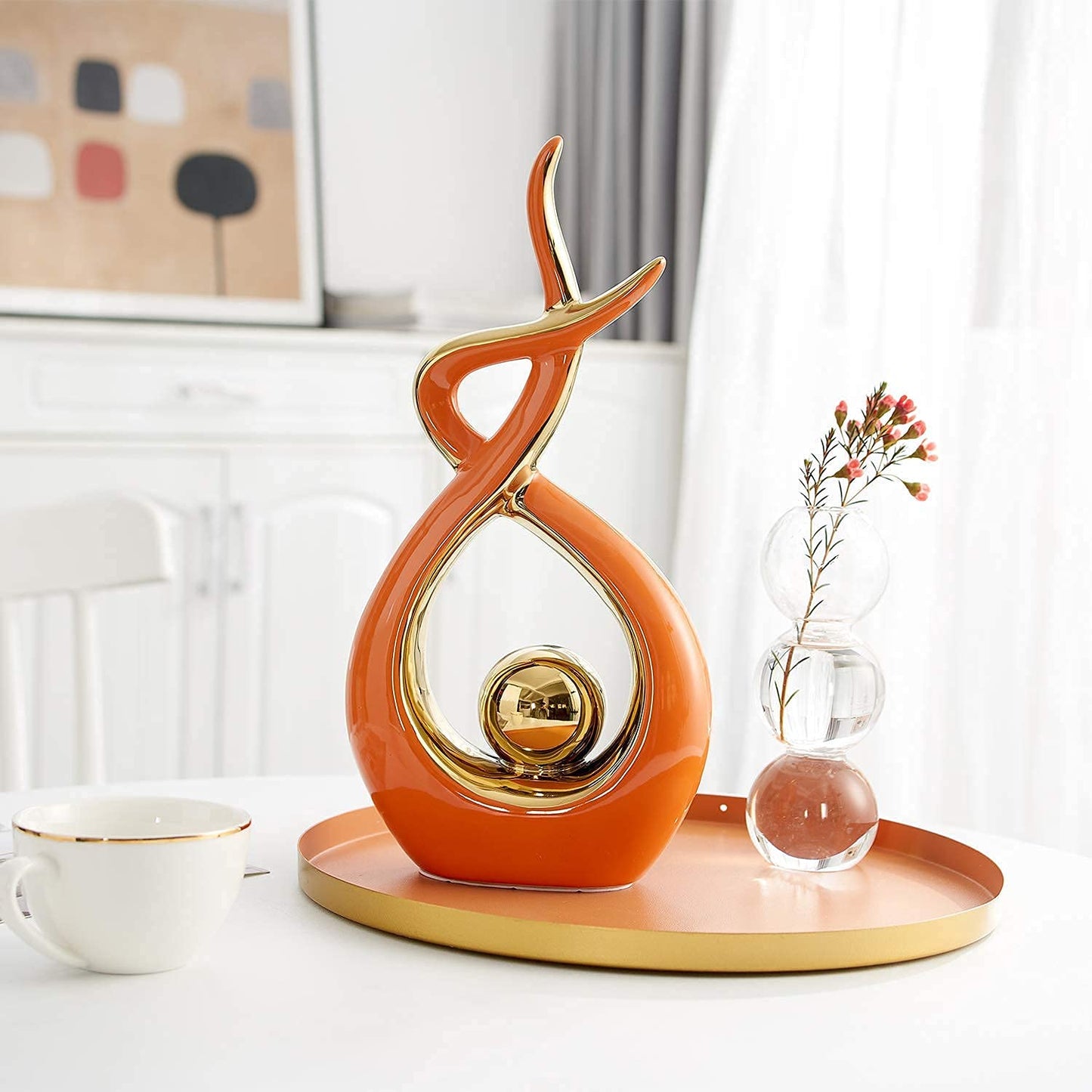 FJS Home Decor Modern Art Ceramic Statue, Orange Coffee Table Decor, Hous Decorations for Living Room Dining Room Table Centerpiece Bookshelf (12.2" H)