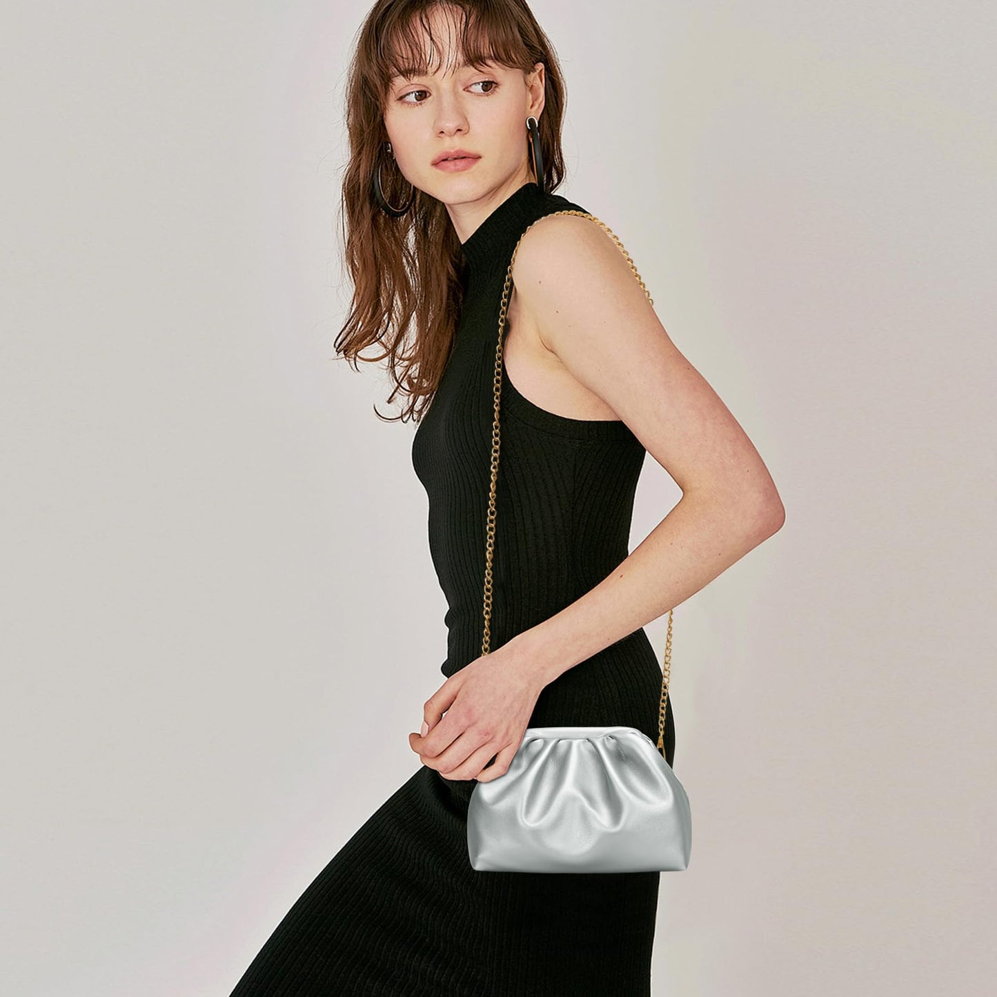 KKXIU Pleated Evening Handbag for Women Formal Clutch Purse with Removable Chain Strap Soft Wedding and Prom Bag Elegant Crossbody Clutch (Silver)