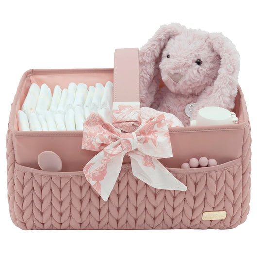 LUKJOJO Luxurious Baby Diaper Caddy, Nursery Storage Basket for Newborn Boy and Girl, Travel Baby Basket for Diapers Baby Wipes, Organizer Tote Bag Storage Bin, Baby Shower Gifts(dusty rose)