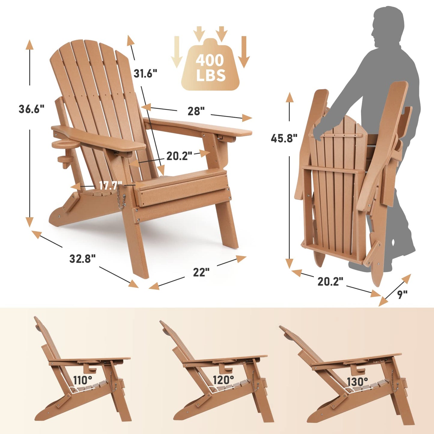 FUNBERRY Folding Adirondack Chairs Set of 2 with Adjustable Backrest, HDPE All Weather Fire Pit Chairs with Cup Holder