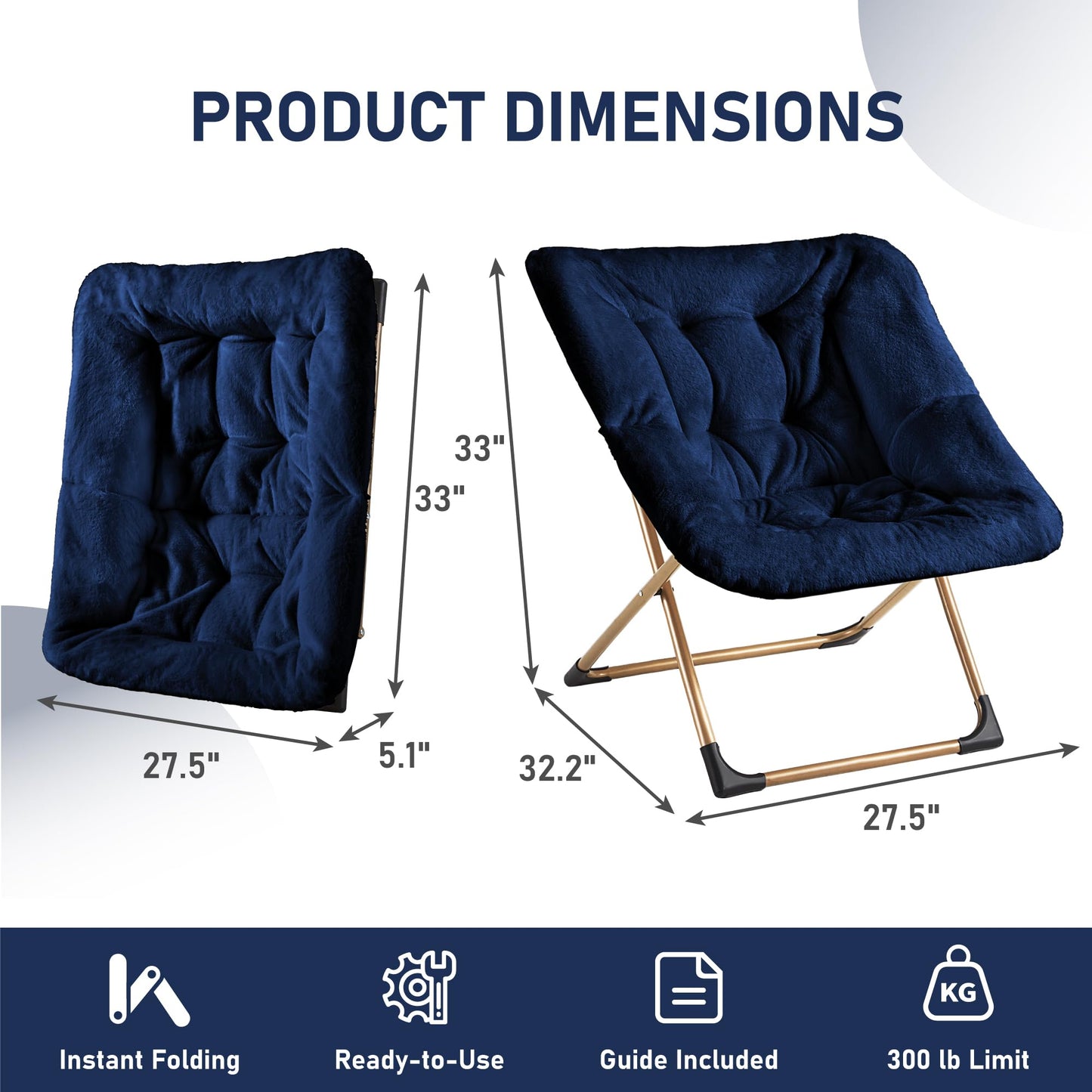 Youtanic Comfy Oversized Saucer Chair, Soft Faux Fur Reading Lounge Chair for Adults, Stable X-Large Metal Frame and Non-Slip Pad, Foldable Cozy Chairs for Bedroom, Living Room, Dorm, Office, Blue