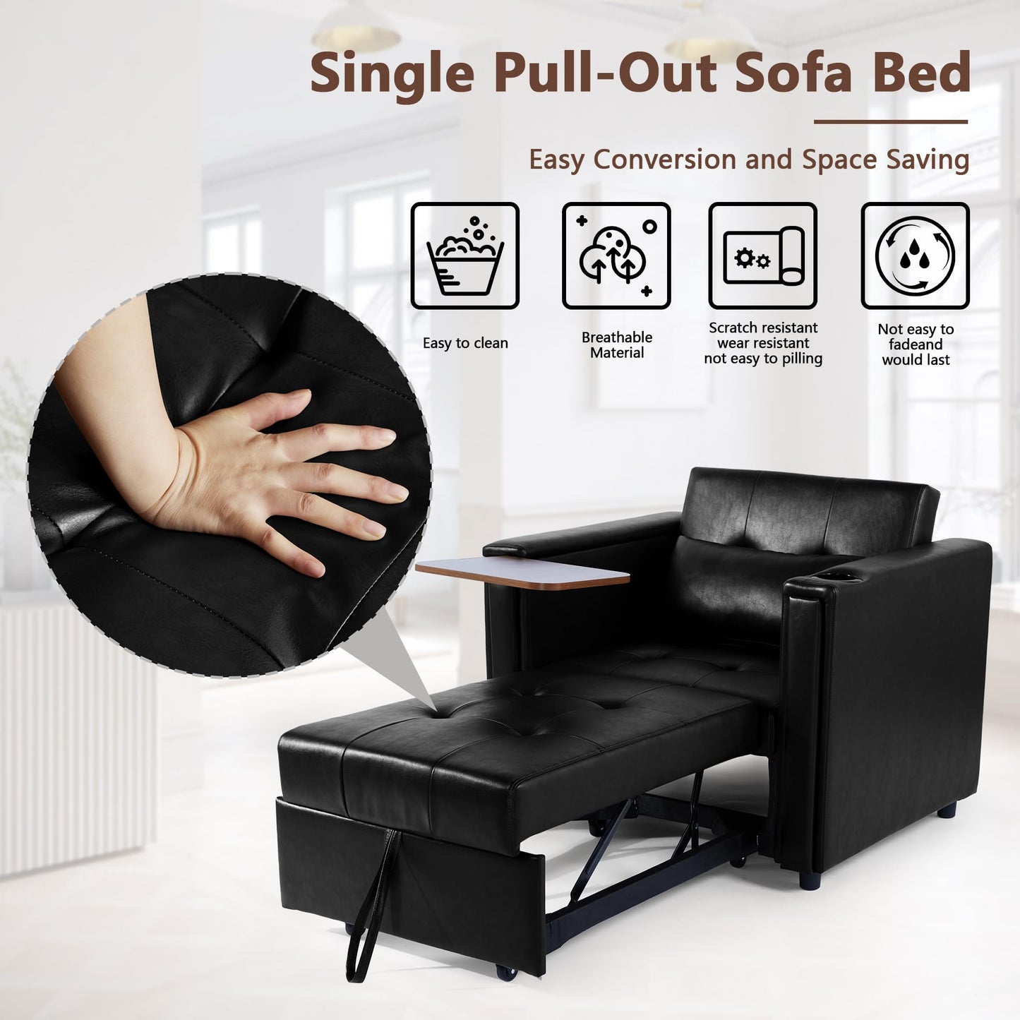 weselon Leather Convertible Chair Bed, 3 in 1 Multi-Functional Lounge Chair Sleeper, Pull Out Couch Guest Bed with Hidden Table and Adjustable Backrest for Living Room (Black)