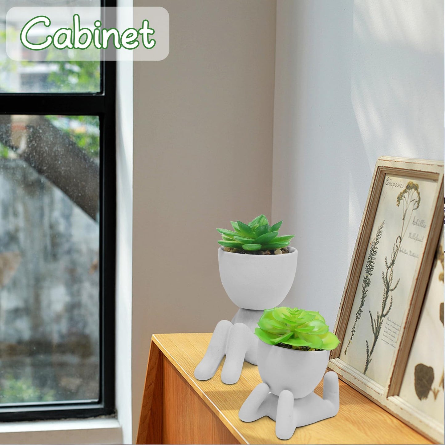 Zerzsy 2PCS Cute Artificial Succulent Plants with Creative Human Shaped Pots, Desk Decoration Artificial Plants Indoor for Home and Office Decor(Cement Gray)