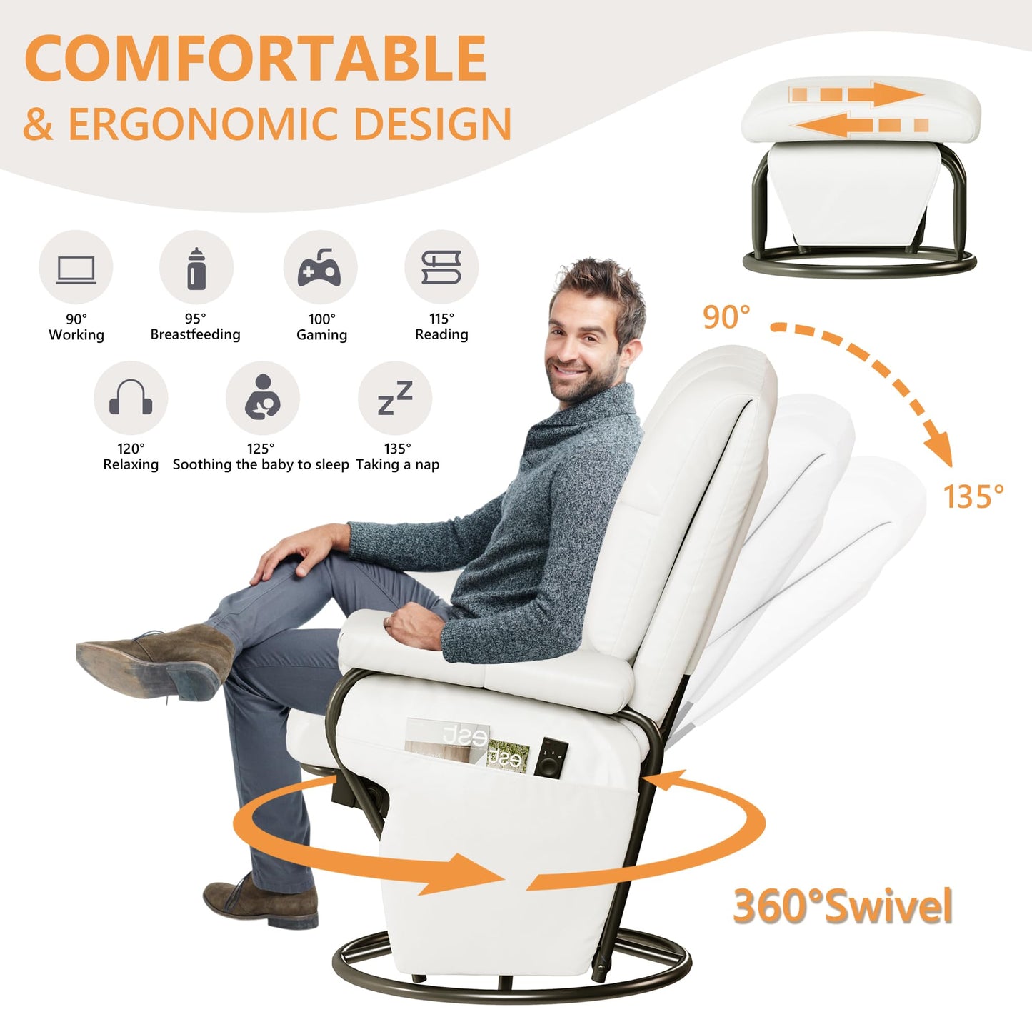 JIASTING 360° Swivel Leather Recliner Chair with Ottoman & Double Side Pockets, Nursing Glider Rocking Recliner Chair, Gliding Chairs for Nursery, Living Room, Office, Bedroom, Metal Frame (White)