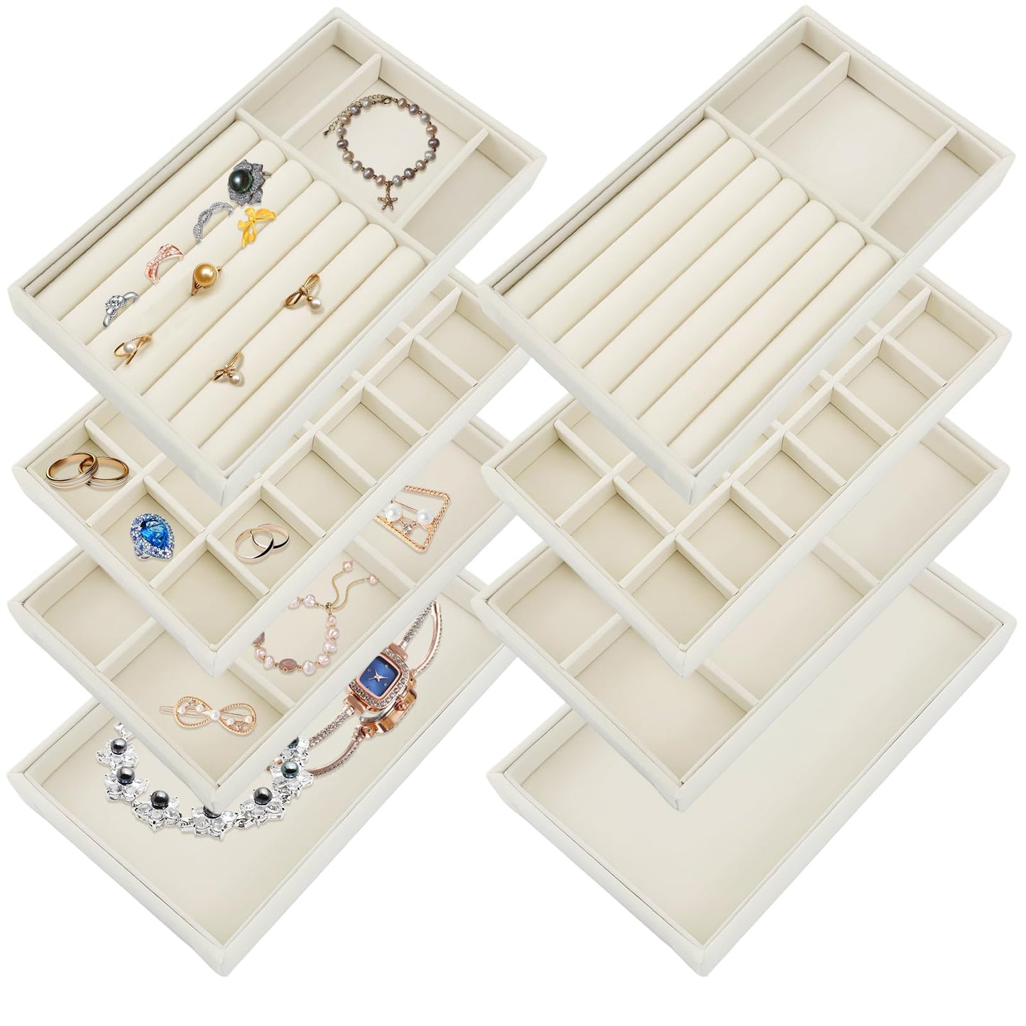 Seuqhck 8 Pack Jewelry Organizer for Drawer, Necklace Velvet Storage Display Tray, Stackable Insert Divided Holder for Bracelet Rings Earring Brooch Watch, Beige 4 Styles