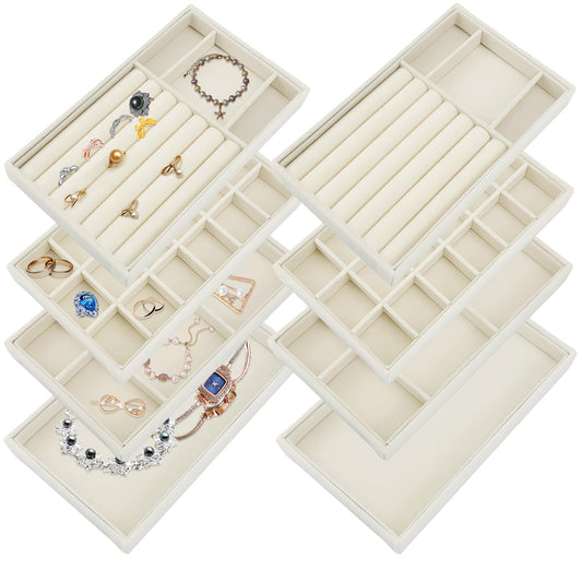 Seuqhck 8 Pack Jewelry Organizer for Drawer, Necklace Velvet Storage Display Tray, Stackable Insert Divided Holder for Bracelet Rings Earring Brooch Watch, Beige 4 Styles