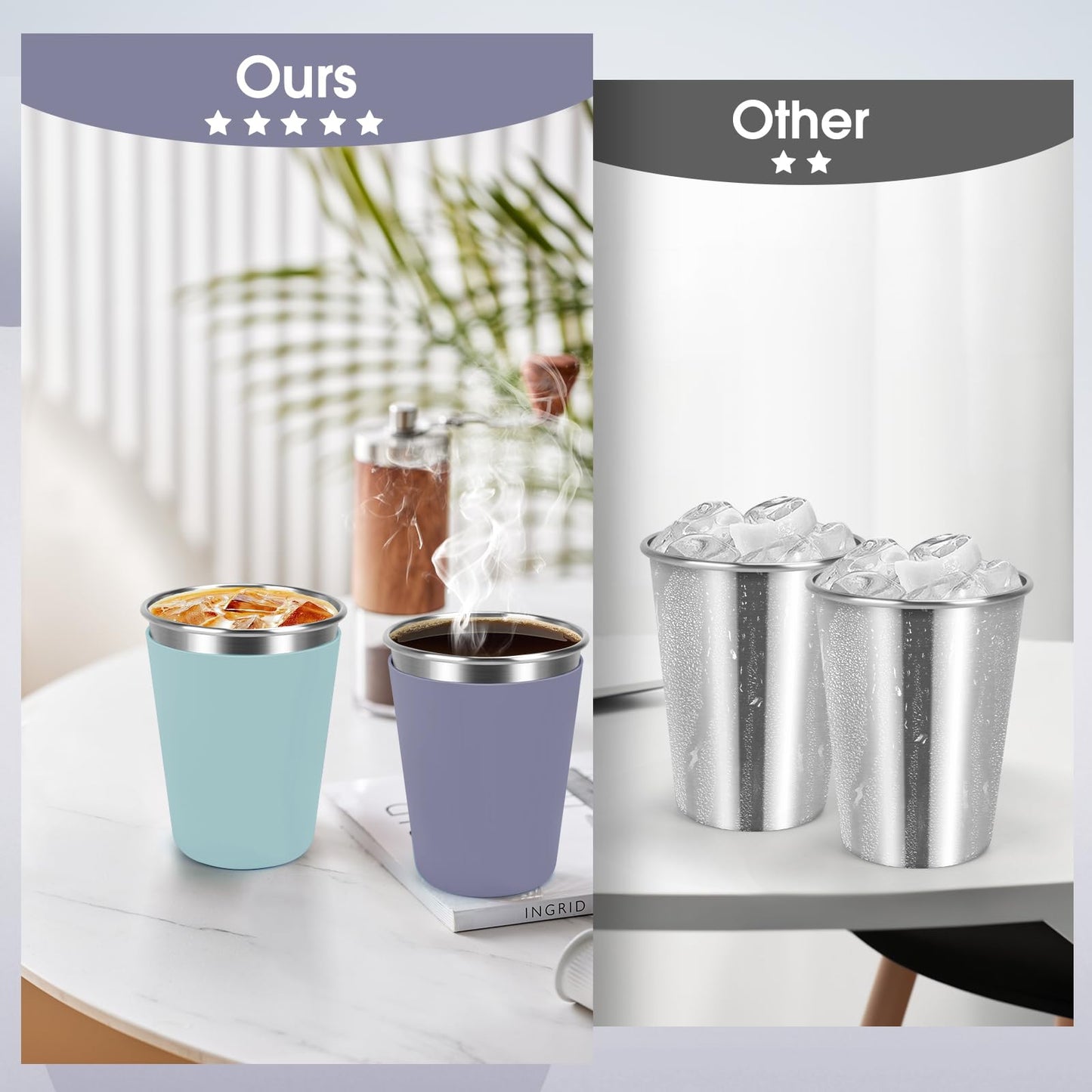 Vermida Stainless Steel Cups for Kids and Toddlers, 12oz Stackable Stainless Steel Kids Cups with Silicone Sleeves Sweat Proof, Unbreakable Metal Cups for Home & Outdoor, BPA Free (4 Pack)