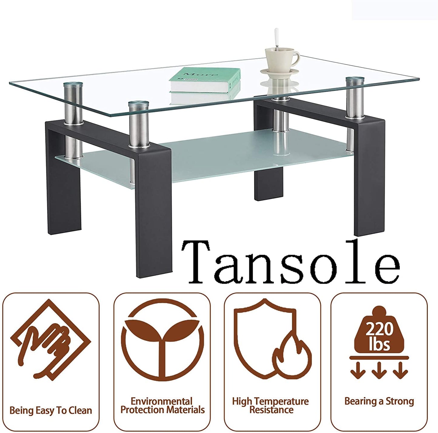 Rectangle Tempered Glass Coffee Table, Metal Leg Glass Tables for Living Room, Coffee Table for Home Office or Conversation Leisure Occasions, Rectangle Glass Table