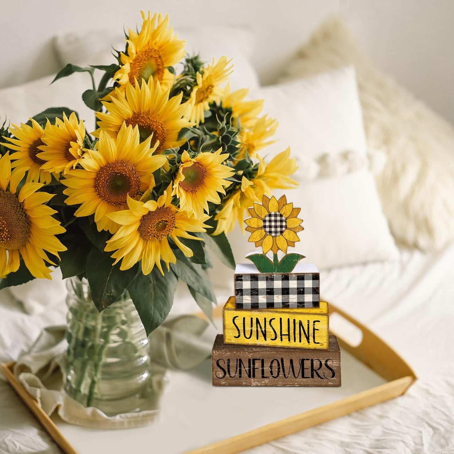 Britimes 4 Pcs Summer Sunflower Decor Wooden Tiered Tray Sign, Farmhouse Rustic Decorative Book Stack Block Sunshine Table Centerpieces for Home Shelf Table Decorations (Sunflower)