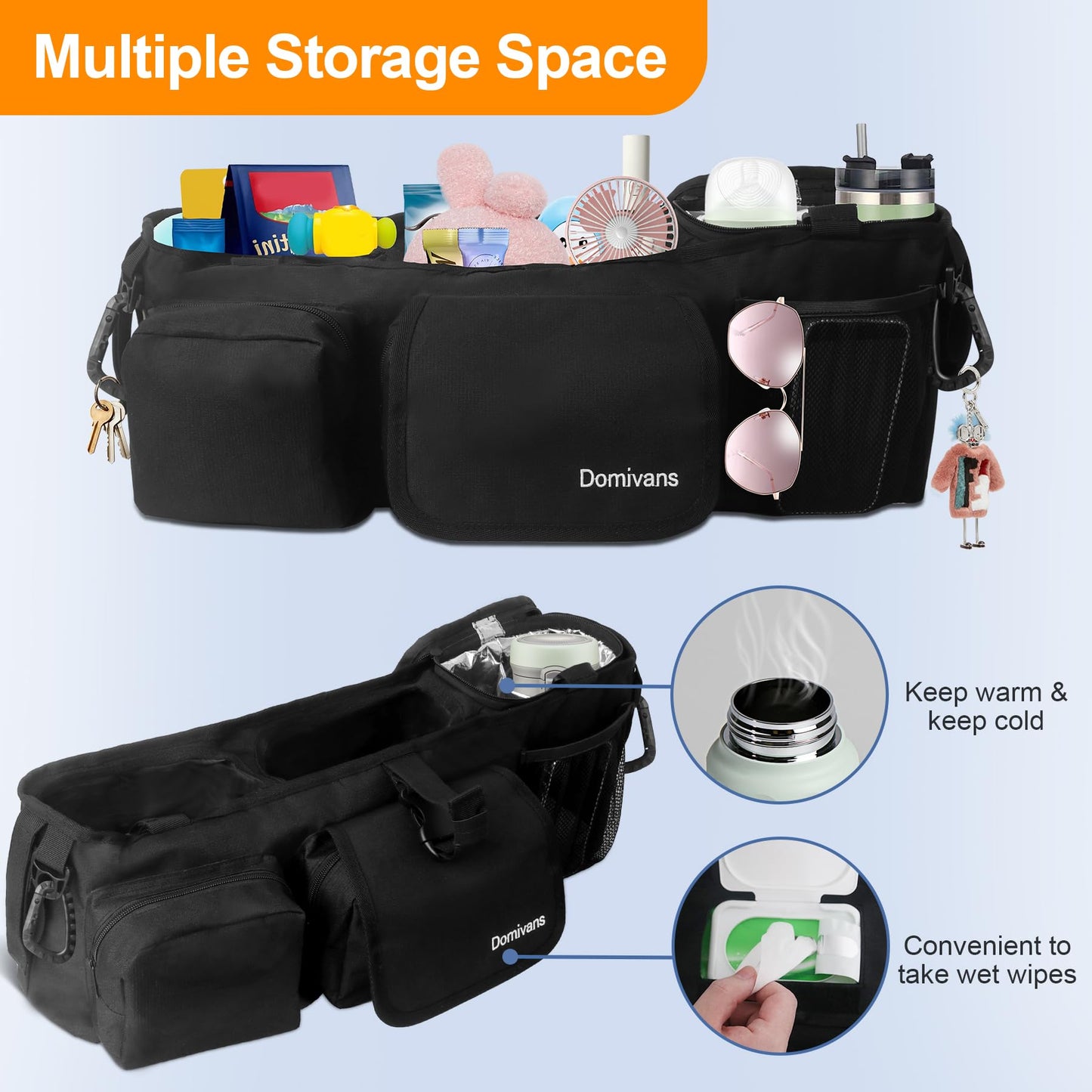 Domivans Double Stroller Organizer,Double Stroller Caddy for Bob Duallie and Baby Jogger City Mini GT2,Extra Large Double Baby Stroller Accessories with Cup Holder,Black(Empty Bag)