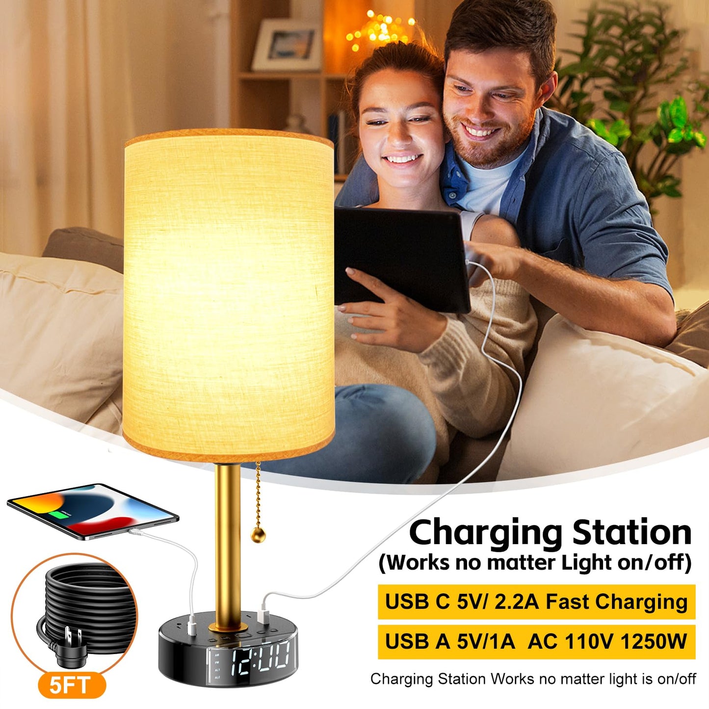 Bedside Desk Lamp for Bedroom, Table Lamp with USB A & USB C Fast Charging Ports & 2 AC Power Outlets, Alarm Clock Base, Round Black Fabric Lampshade Modern Nightstand Lamp for Living Room Home Office