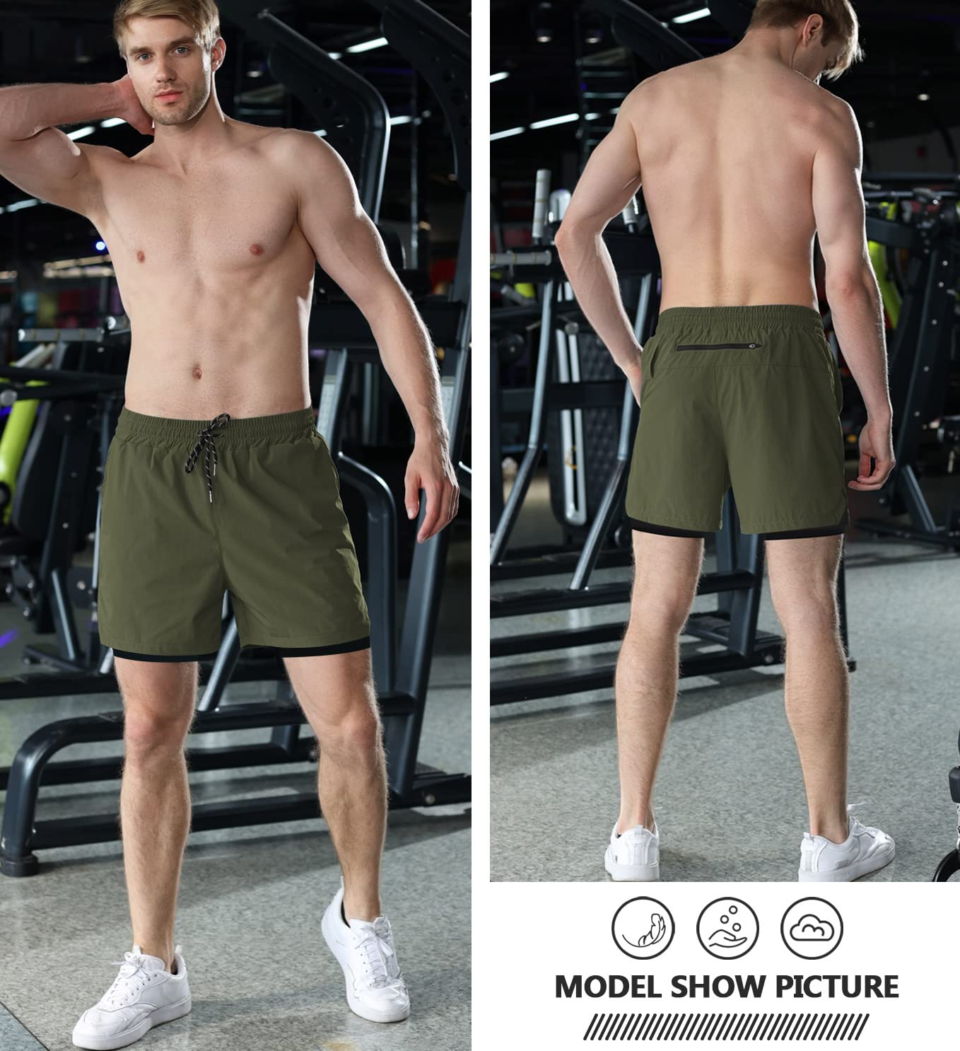 Aolesy Men’s 2 in 1 Running Shorts 5 Inch Workout Gym Athletic Shorts for Men Quick Dry Lightweight Training Shorts with Pockets Olive Green