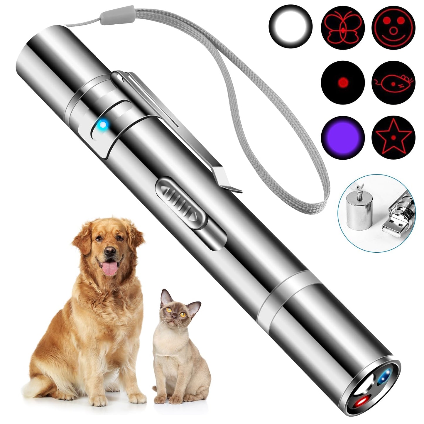Cowjag Cat Toys, Laser Pointer with 5 Adjustable Patterns, USB Recharge Laser, Long Range and 3 Modes Training Chaser Interactive Toy, Dog Laser Toy