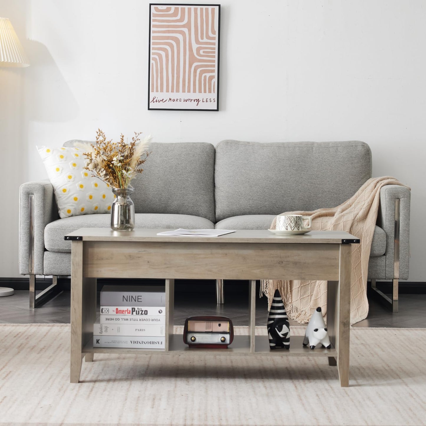 VINGLI Farmhouse Lift Top Coffee Table, Rustic Grey with Storage Shelf/Hidden Compartment, Mesa De Centro para Sala