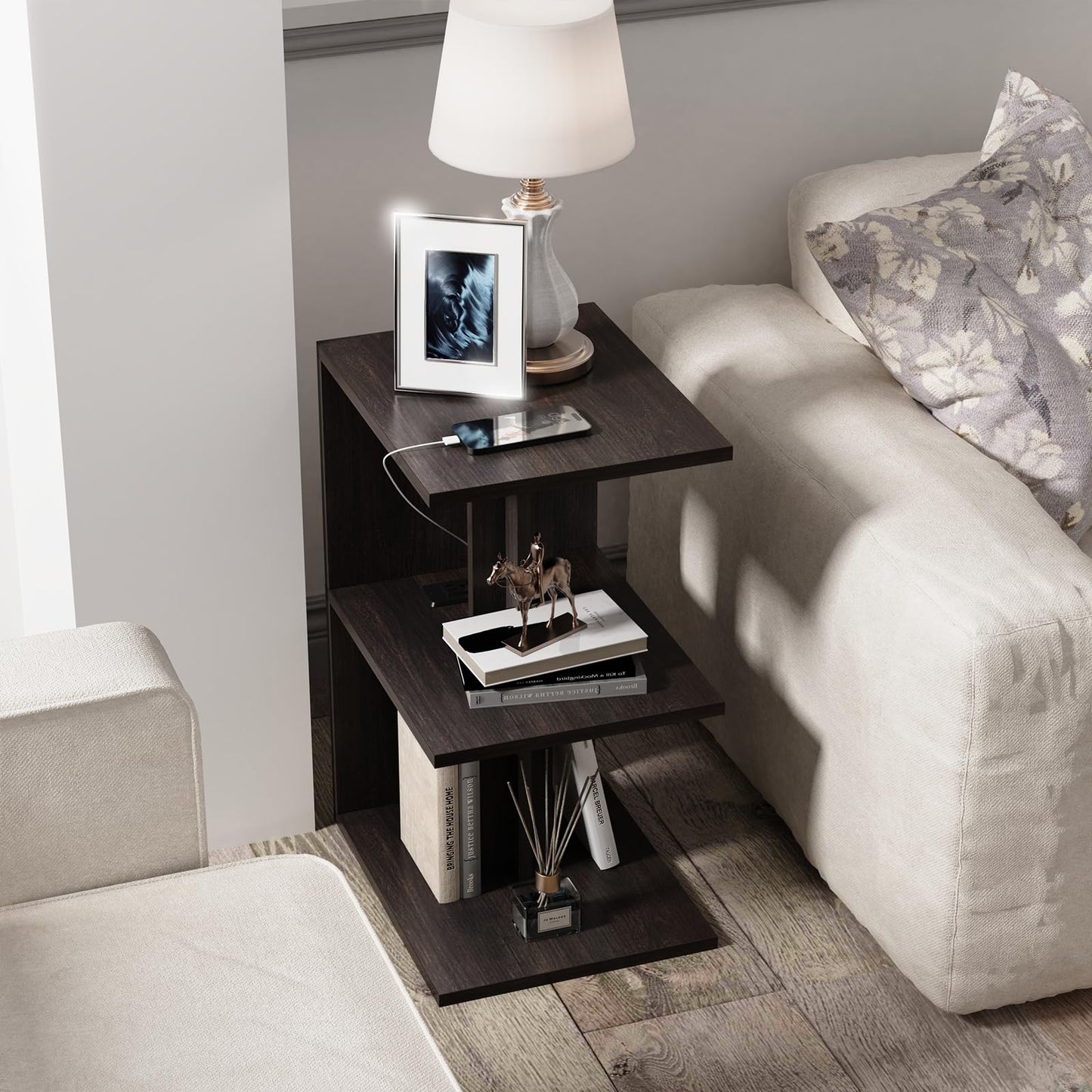 BHAODEAL 1 Pack Night Stand with Charging Station, Bedside Table for Couch, USB Ports and Outlet, Side/End Table with 3-Layer Storage Shelves for Small Spaces, Living Room, Bedroom, Bedside (Brown)