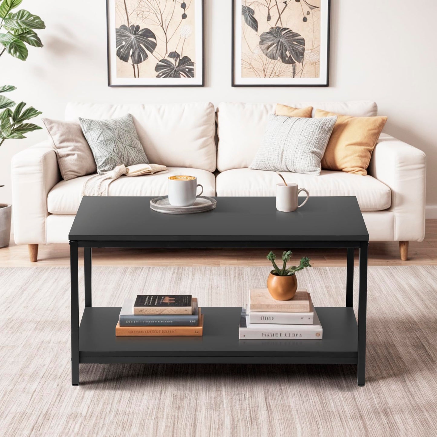 SUPER DEAL 2-Tier Industrial Coffee Table with Storage Shelf for Small Apartment Living Room, Rectangle Wood and Stable Metal TV Stand Side End Table, Black