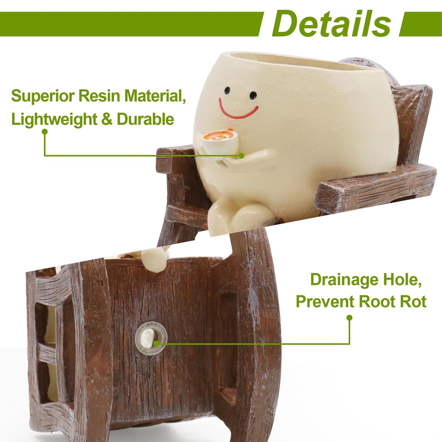 MUZZIOU Smiley Face Planter Pot, Cute Resin Smile Face Flower Head Plant Pot, Creative Flower Pot for Indoor Outdoor Plants, Funny Home Decoration (Rocking Chair)