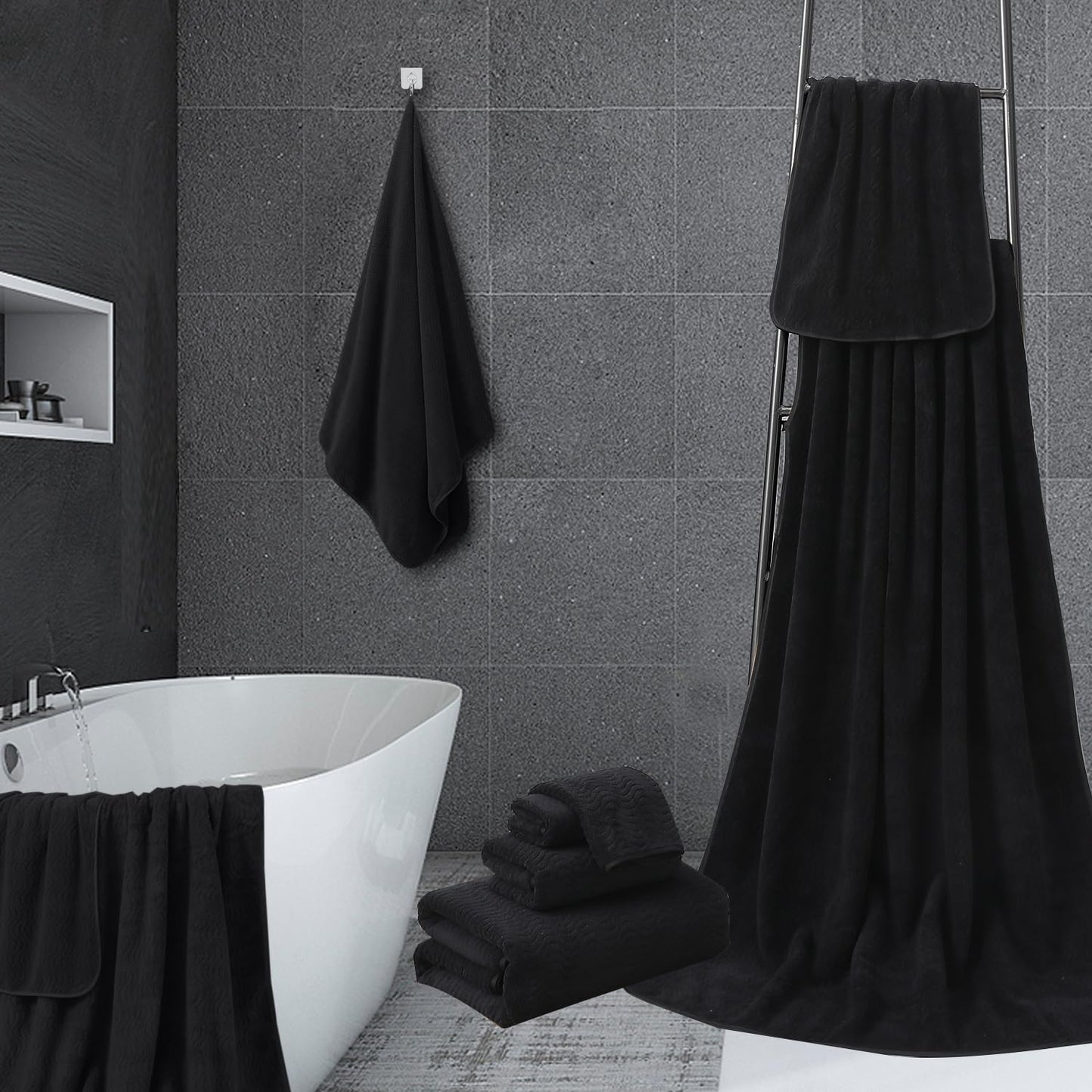 Jessy Home Black 8 Piece Bath Towel Set |2 Oversized Large Bath Sheet,2 Hand Towels,4 Washcloths| Soft Luxury Towel Set for Bathroom Hotel,Highly Absorbent Quick Dry 600GSM Bathroom Towel Collections