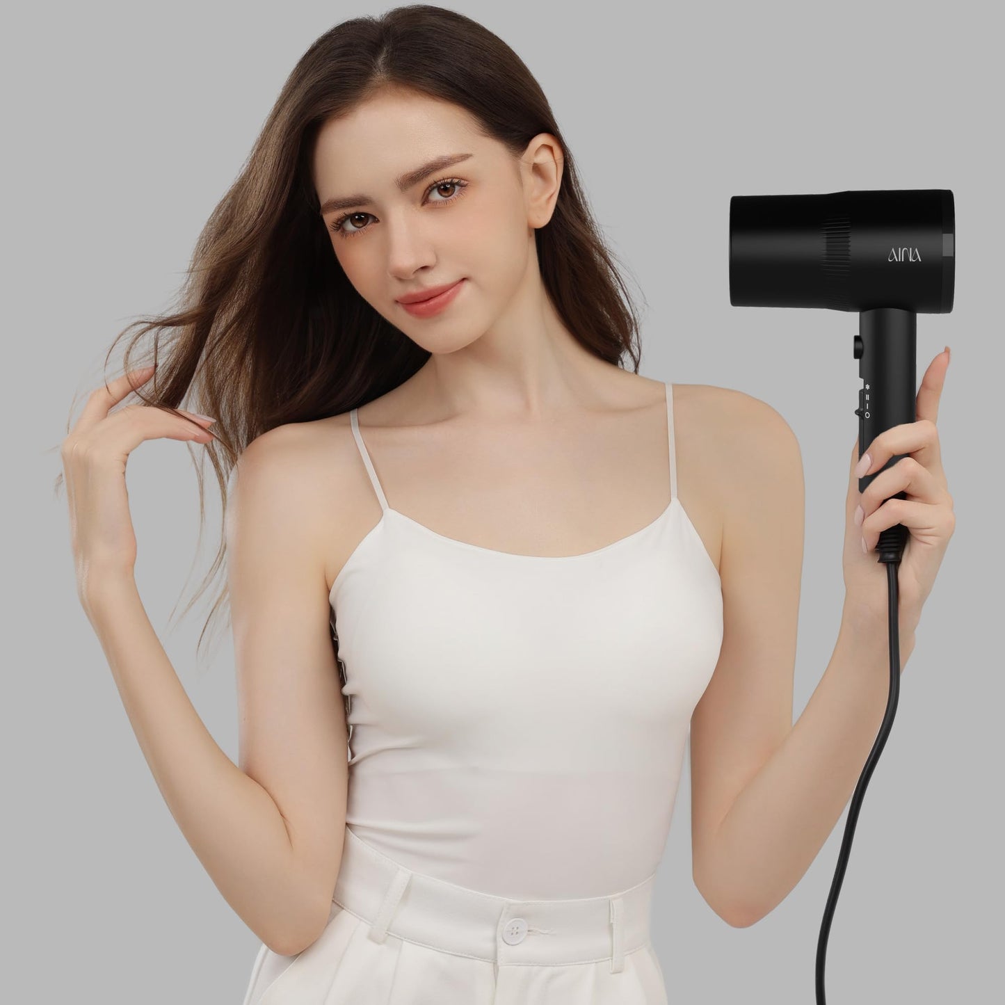 AINA Hair Dryer with Diffuser, Blow Dryer for Women | Advanced Ionic Technology, Ceramic Coating | Cold Shot Features Turbo Heat for Fast Drying and Shine 110V/ALCI(Vader Black)