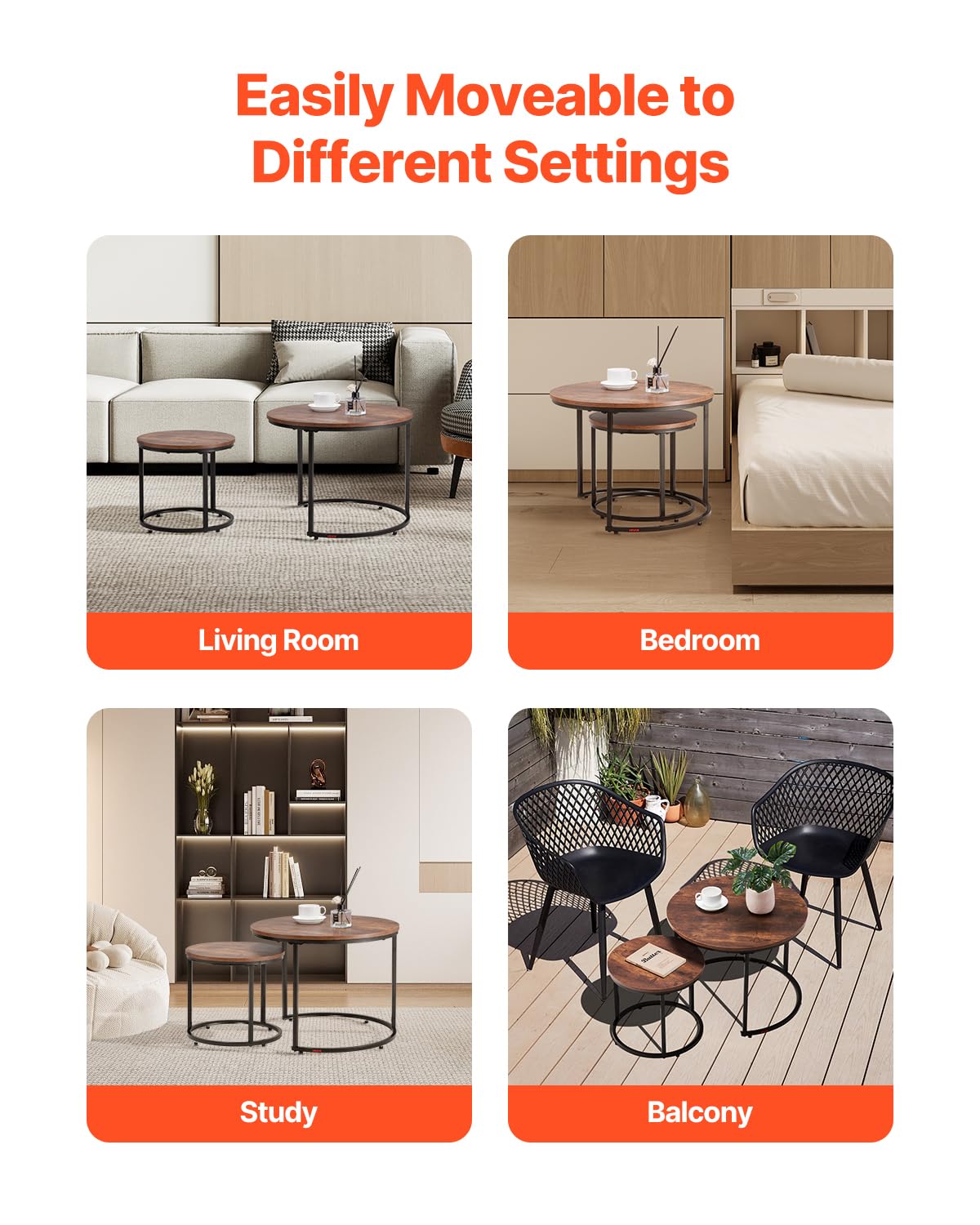 VEVOR Nesting Tables, Coffee Table Set of 2, 23.6 inch Round Coffee Table, Small Coffee Tables Night Stand with Metal Frame, for Living Room, Bedroom, Office (Brown & Black)