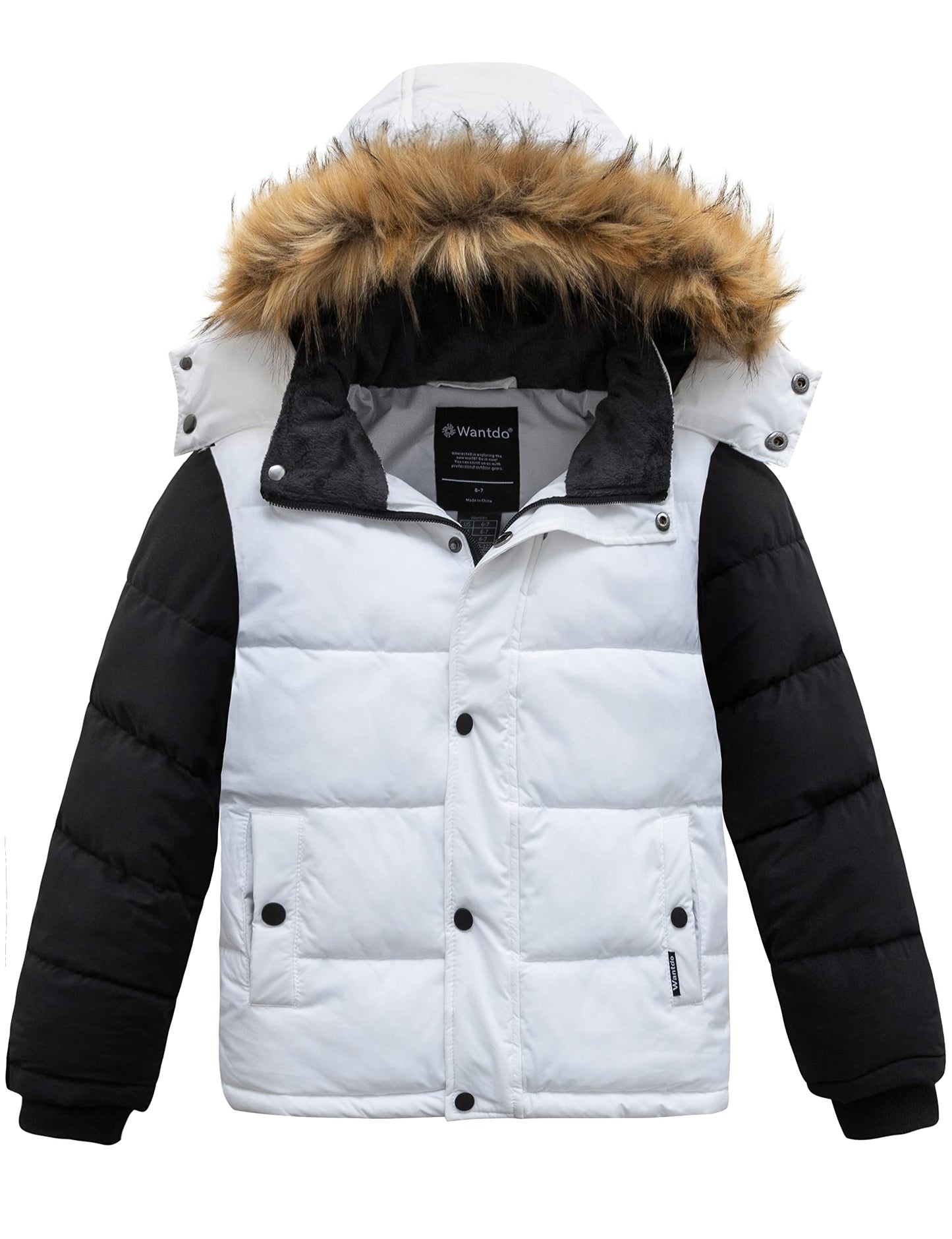 wantdo Boy's Hooded Warm Winter Coat Thick Puffer Jacket Waterproof Outerwear White 6-7
