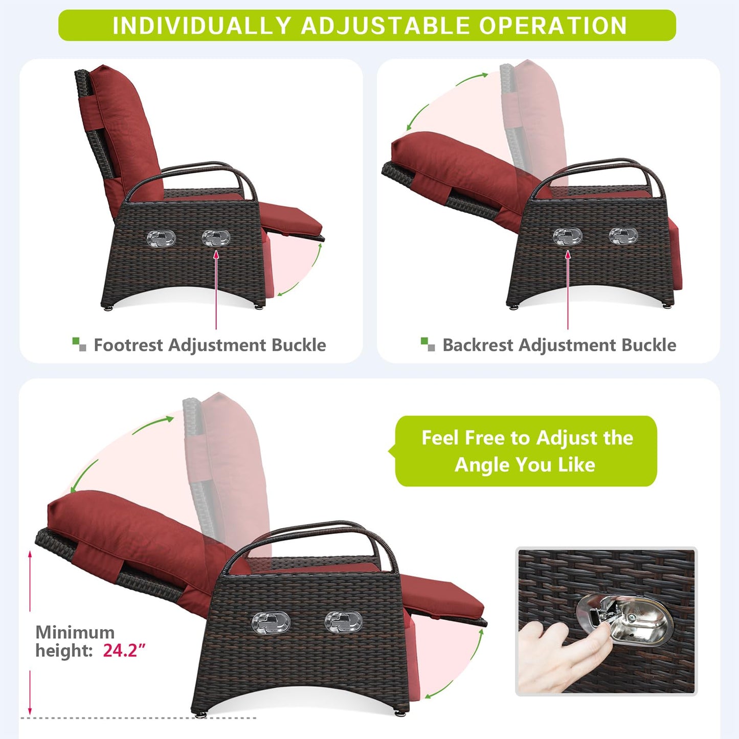 ATR ART TO REAL Outdoor Recliner Chairs, PE Wicker Reclining Lounge Chair with Removable Soft Cushion, Adjustable Outside Recliners for Patio, Porch, Poolside, Balcony, Lawn (Red, 1 PC)