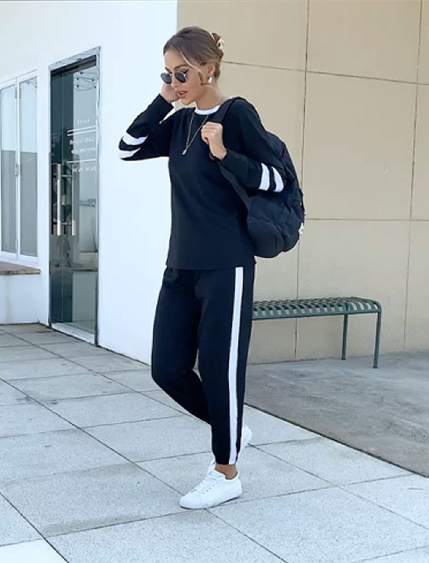 Aloodor Lounge Sets for Women Loungewear Set Casual Stripe Sleeve Tops Black XS