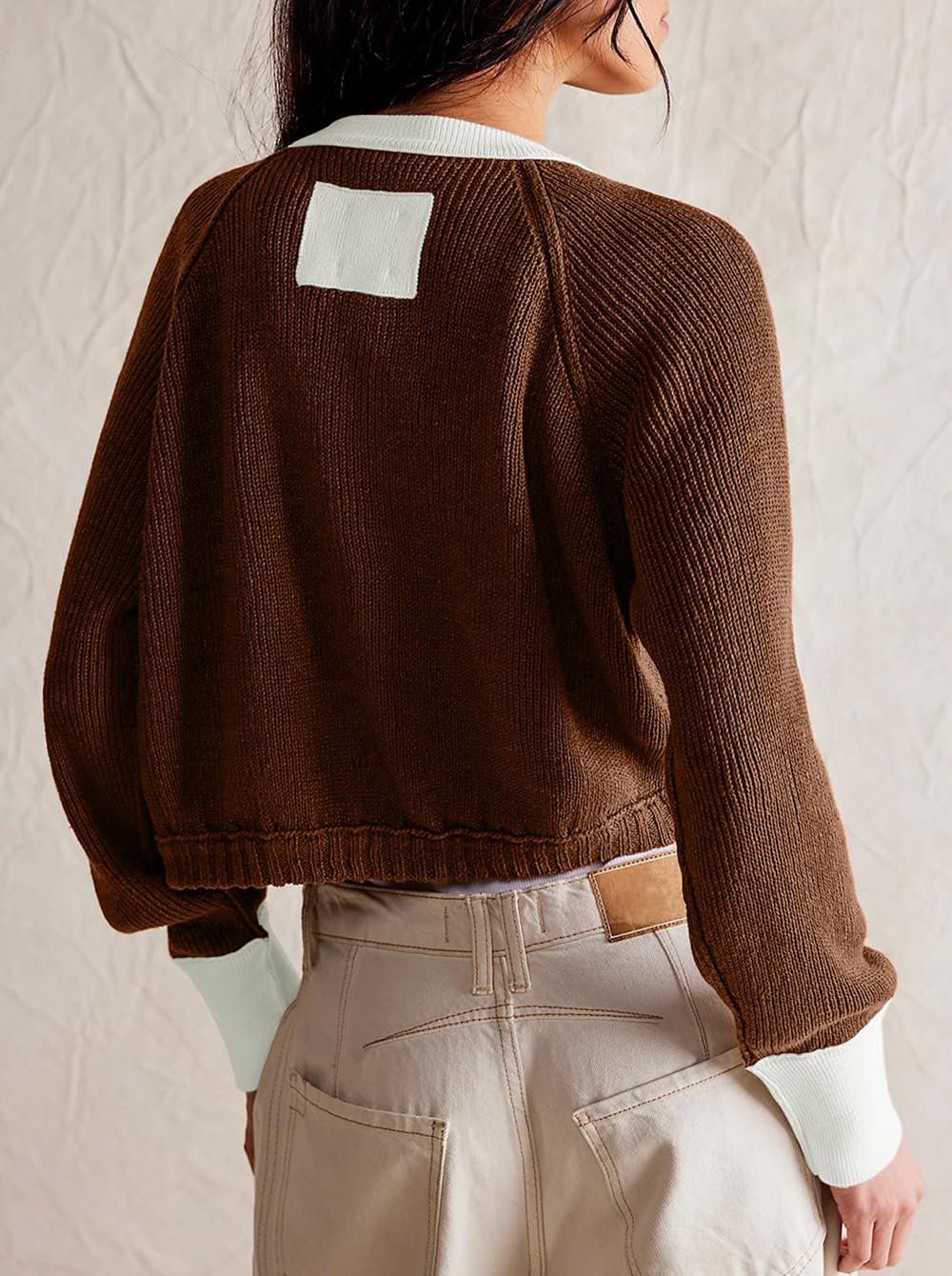 Women's Cropped Cardigan Sweaters Fall Long Sleeve Open Front Cardigans Button Down Color Block Crewneck Knit Outwear Coats Brown