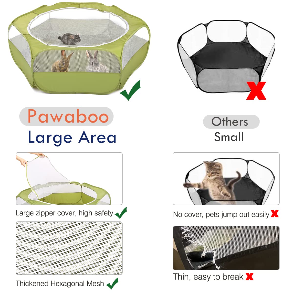 Pawaboo Small Animals Playpen, Waterproof Small Pet Cage Tent with Zippered Cover, Portable Outdoor Yard Fence with 3 Metal Rod for Chick/Kitten/Puppy/Guinea Pig/Rabbits/Hamster/Chinchillas,Green