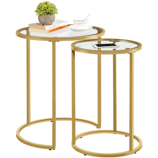 Yaheetech Round Nesting Side Table Stacking Coffee Table, Set of 2 Circular End Tables w/Metal Frame & Tempered Glass Top & Protective Foot Pads for Small Space Living Room Office, Mustard Gold