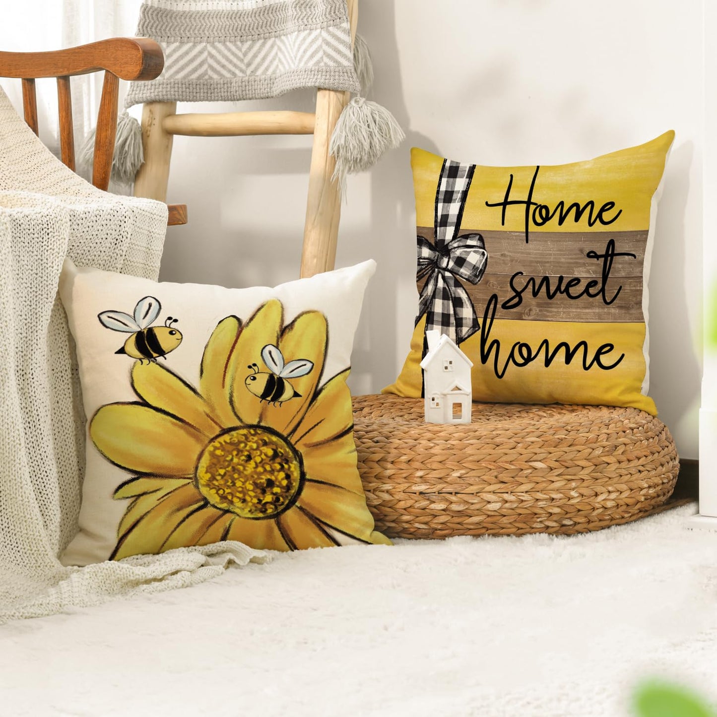 AVOIN colorlife Home Sweet Home Bee Sunflower Throw Pillow Covers, 18 x 18 Inch Love Lives Here Spring Summer Stripes Cushion Case for Sofa Couch Set of 4
