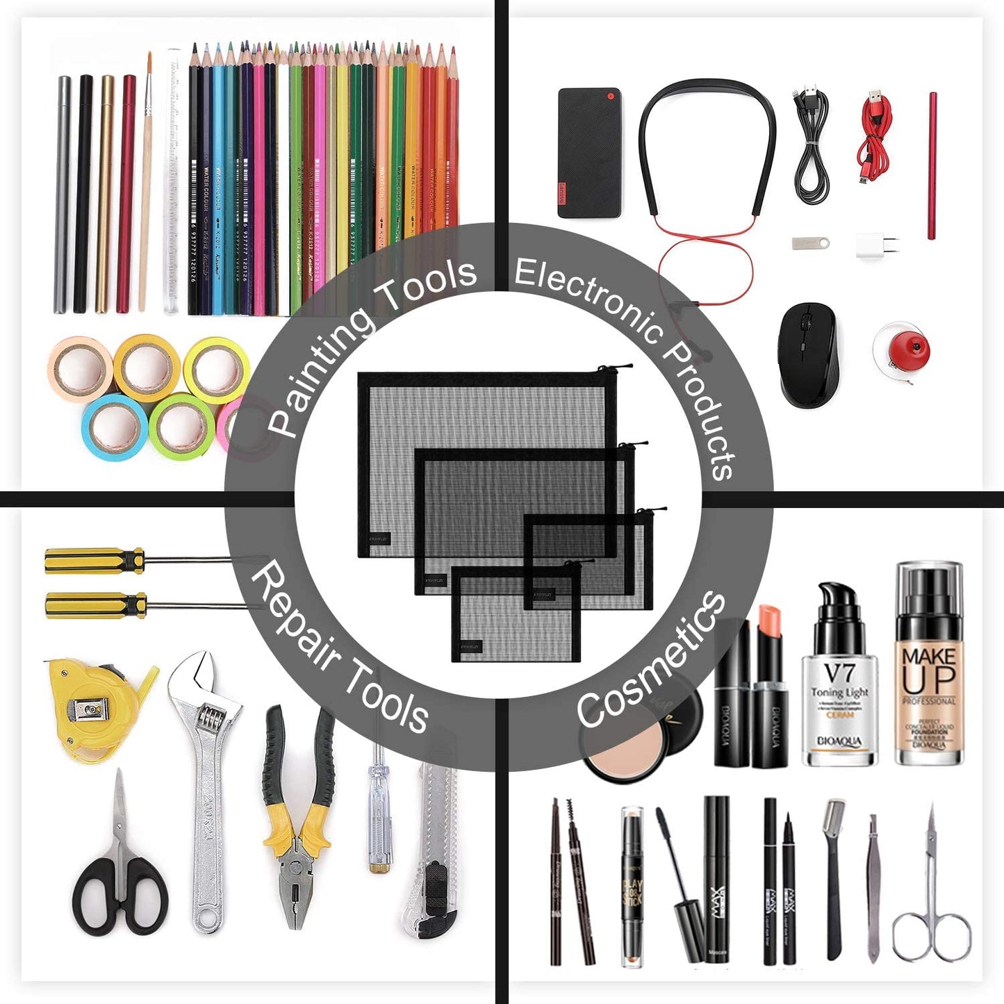 EASYFUN Mesh Pouch, Make up Bag with Zipper Cosmetic Organizer Pouch for Daily or Travel to Keep Small Items, 4 PCS Black