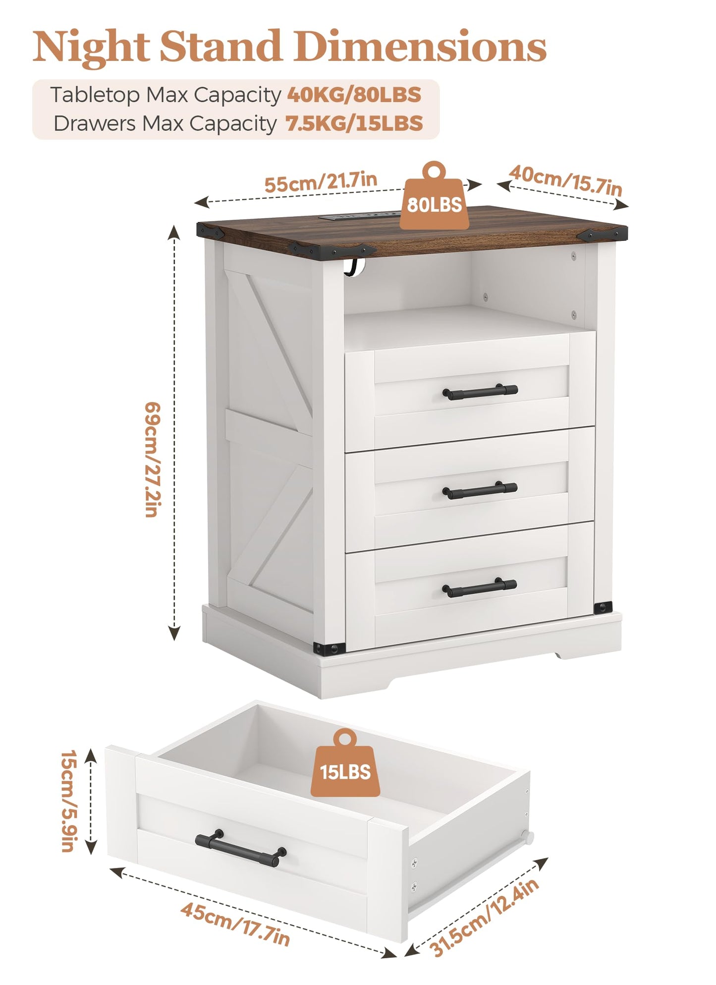 Night Stand with Charging Station 22" Large Farmhouse Nightstands with 3 Drawers and Open Storage Smart Bedside Table with Human Sensor LED Light End Tables for Bedroom Living Room White