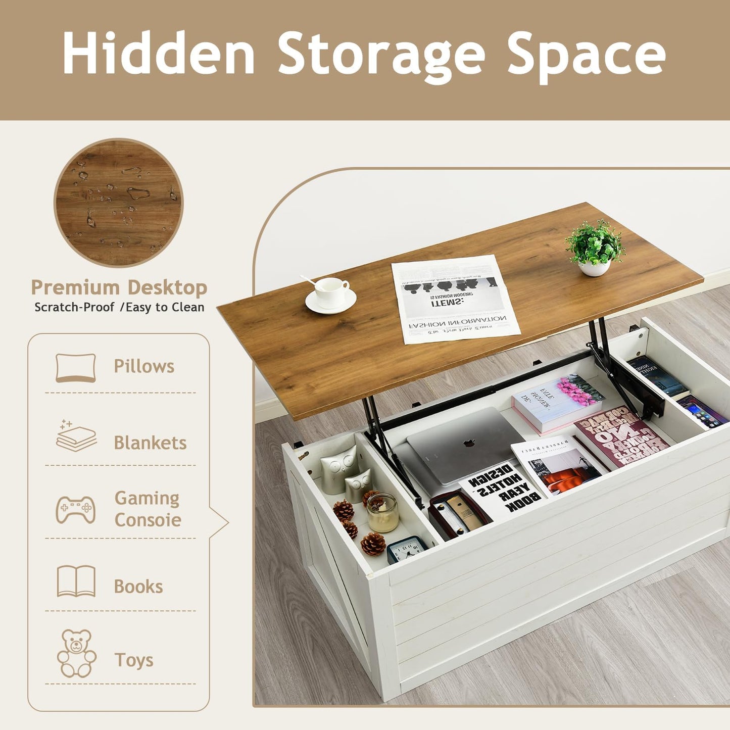 REVOMINCA Farmhouse Coffee Table Lift Top with Storage for Living Room, White Coffee Table with Large Hidden Storage Compartment, 48 Inch White Center Table with Sliding Barn Doors