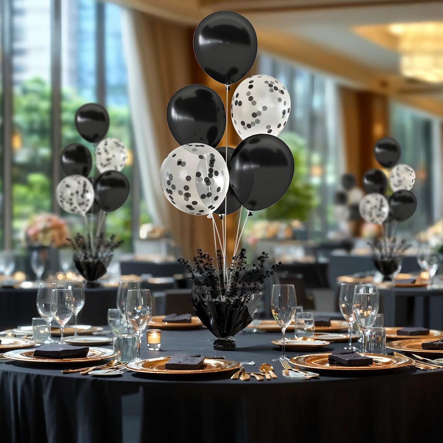 2 Set Black Table Balloons Foil Spray Centerpiece with Black and Confetti Balloons Stand Kit for Birthday Party Baby Shower Wedding Bridal Shower Prom Retirement Graduation Table Decorations