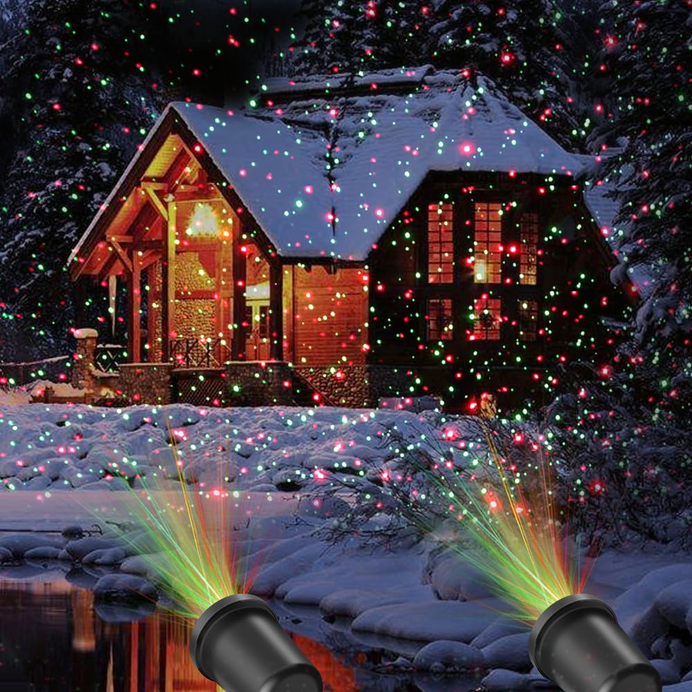 Christmas Laser Light Projector, 2 Pack, Red and Green Star Laser Lights Show with Timer for Outdoor Decorations, Waterproof Landscape Lighting for Christmas and Holidays