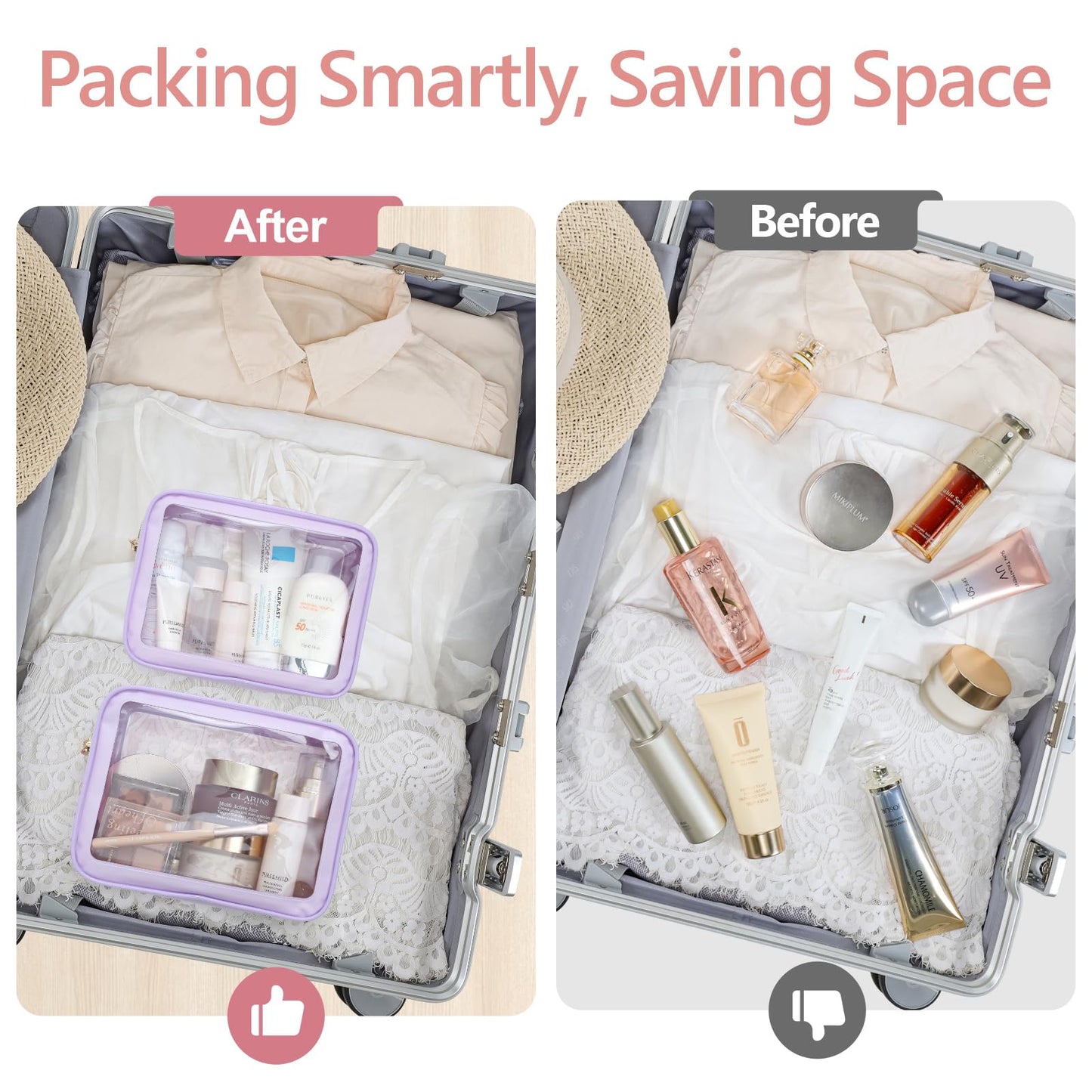 PACKISM TSA Approved Toiletry Bag - Upgrade Color-Edged Clear Makeup Bag, Unique Appearance, 2 Pack Hold Lots of Items, Reusable Clear Toiletry Bags for Travel Essentials, Purple (2 Sizes)