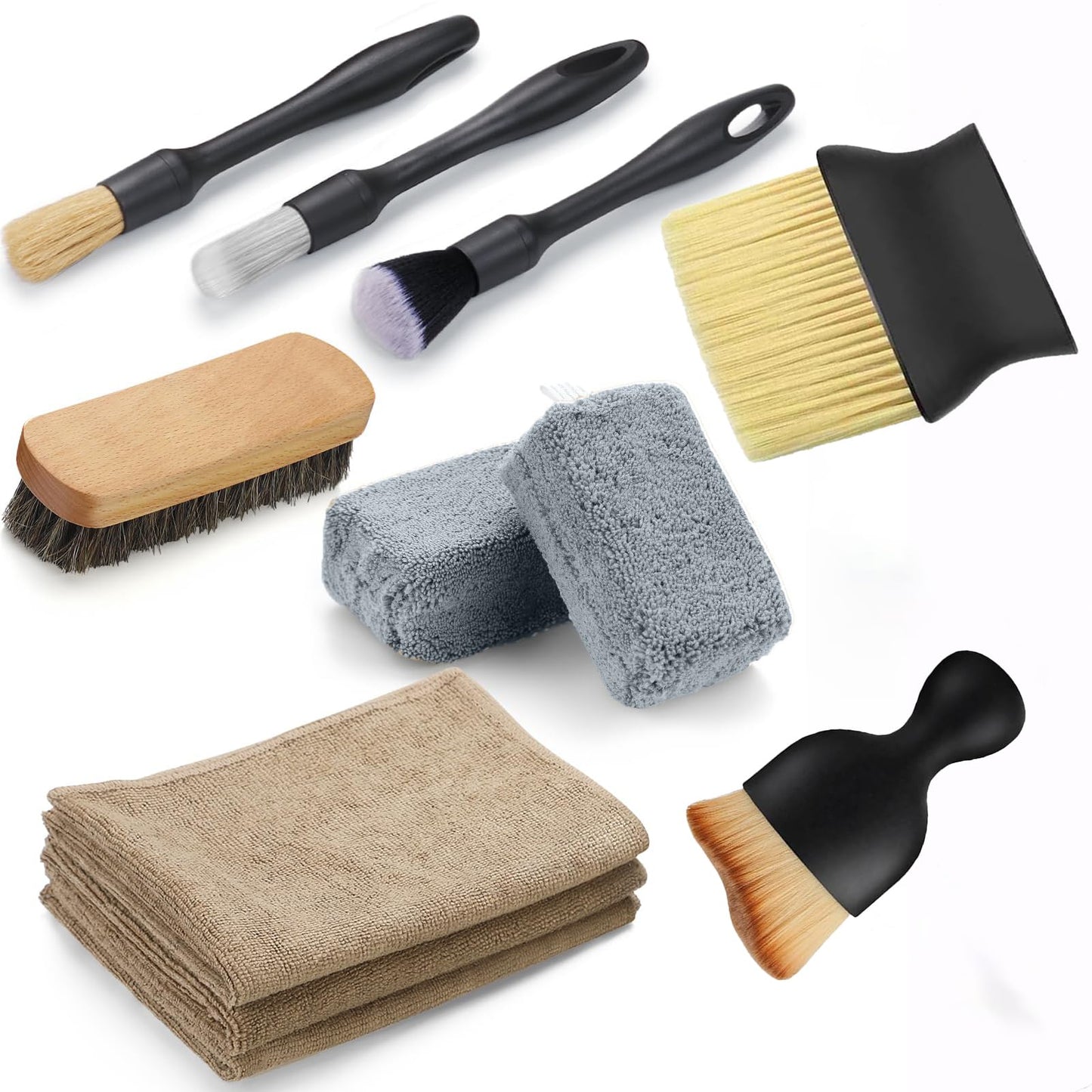 11PCS Car Interior Cleaning Dust Brush Detailing Set, Microfiber Cloth & Applicator, Single-Head Detailing Brushes, Natural Bristles, Scratch-Free & Ultra-Soft for Seats Leather Care or Cleaning