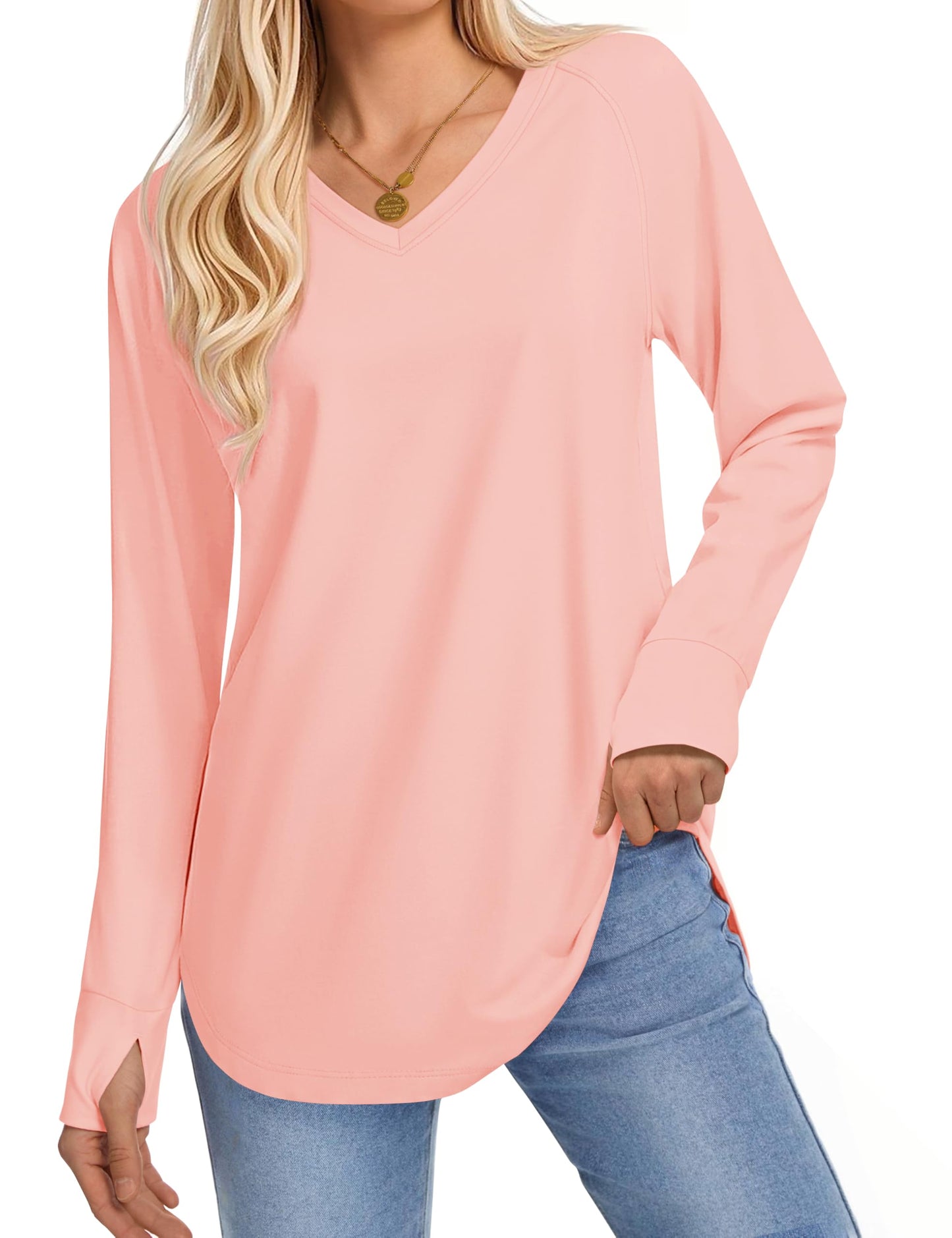 YUCOLEN Oversized Tunic for Women Long Sleeve T-Shirts Winter Lightweight Tops to Wear with Leggings Pink M