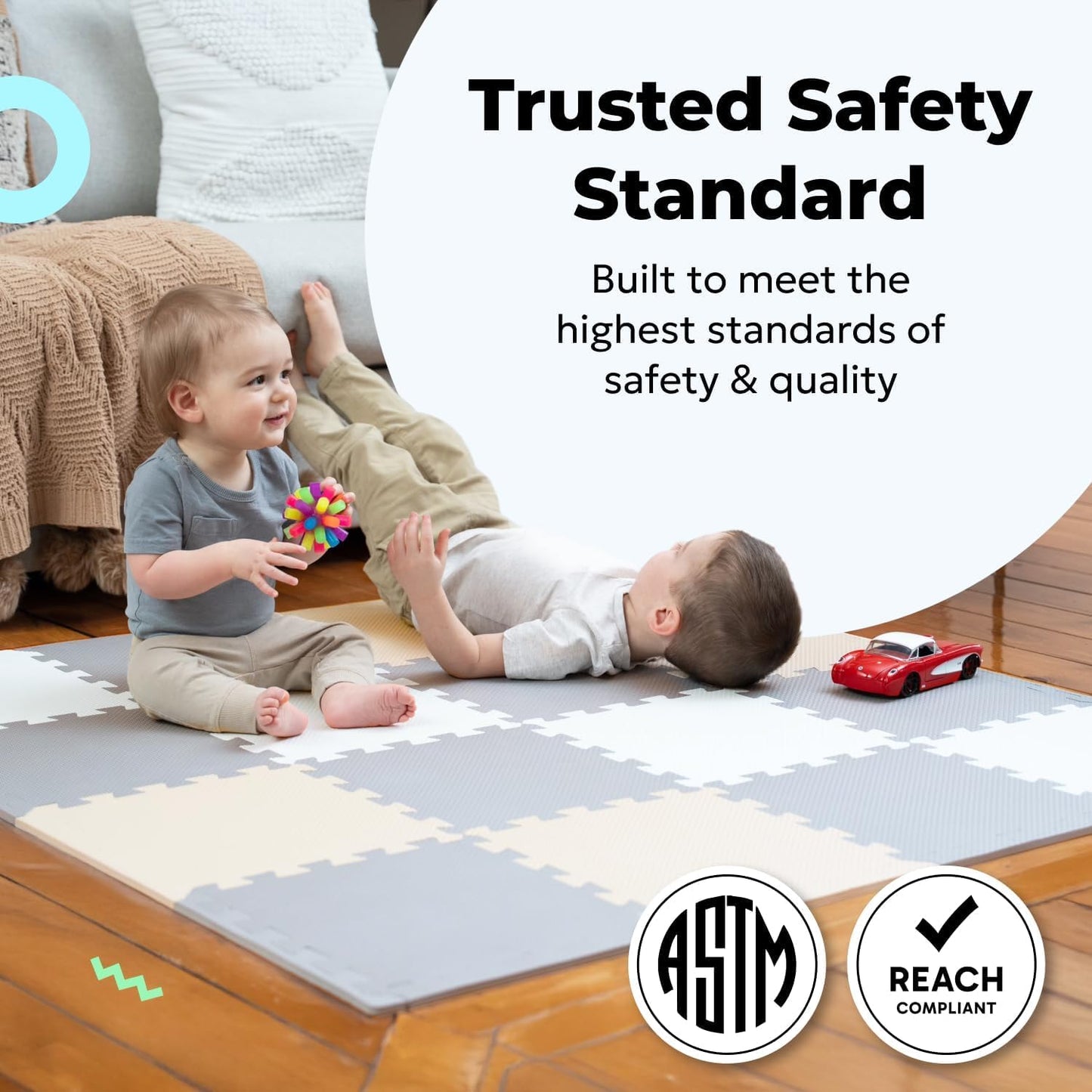 MioTetto Foam Floor Tiles for Kids - Non-Toxic Comfortable Baby Play Mat and Interlocking Foam Tiles, Fits with 50x50 Playpen Mat for Crawling & Development, Soft Play Mat for Babies 6-12 Months