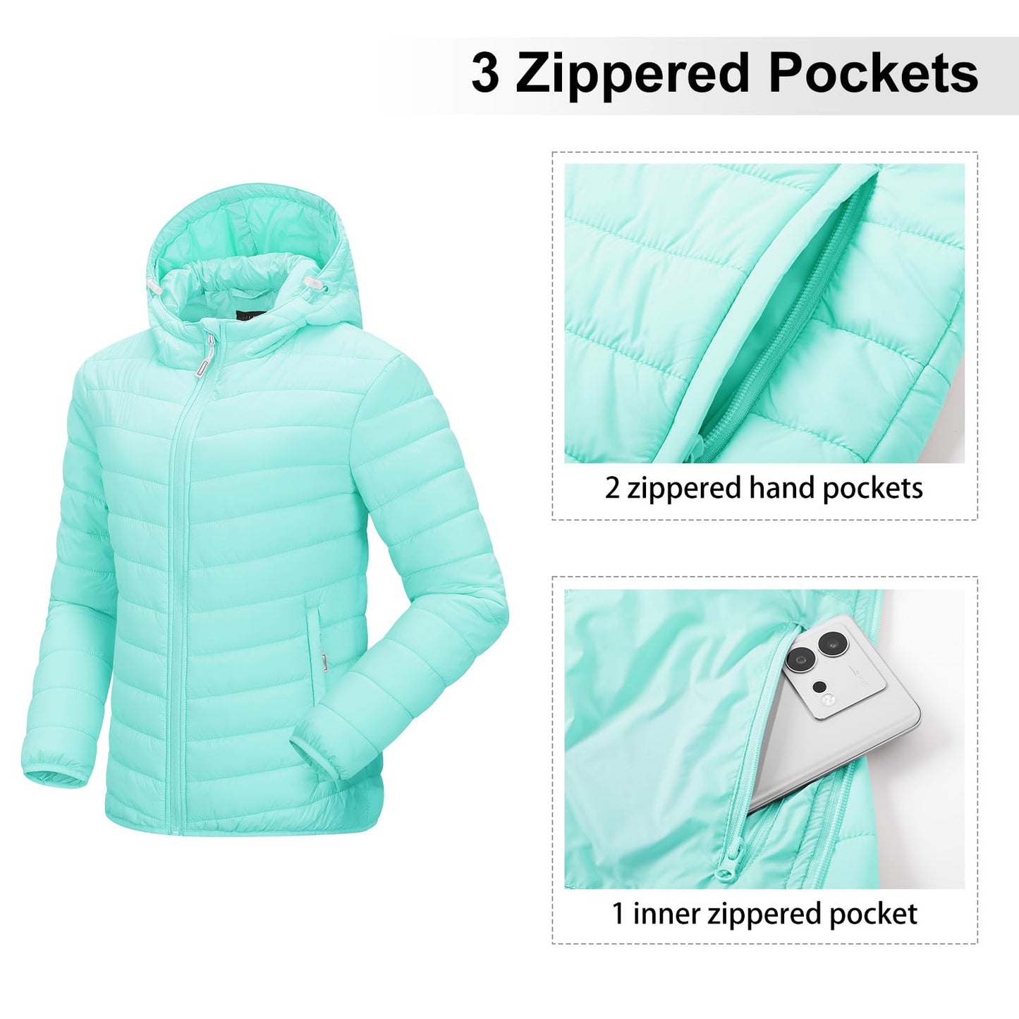 Outdoor Ventures Women's Packable Lightweight Full-Zip Puffer Jacket with Hood Quilted Winter Coat