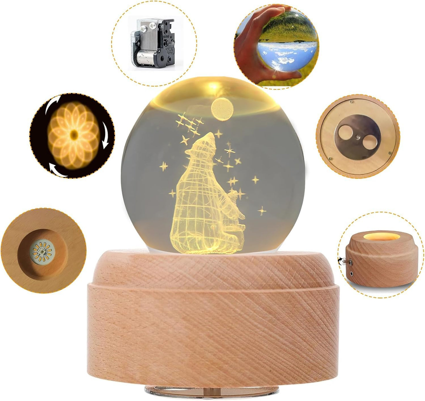 SINGEEK Polar Bear K9 Crystal Ball Music Box with Projection and Rotating Wooden Base, Snow Globe for Women Mom Girls, Best Gift for Birthday Valentine's Day Mother's Day (You are My Sunshine)