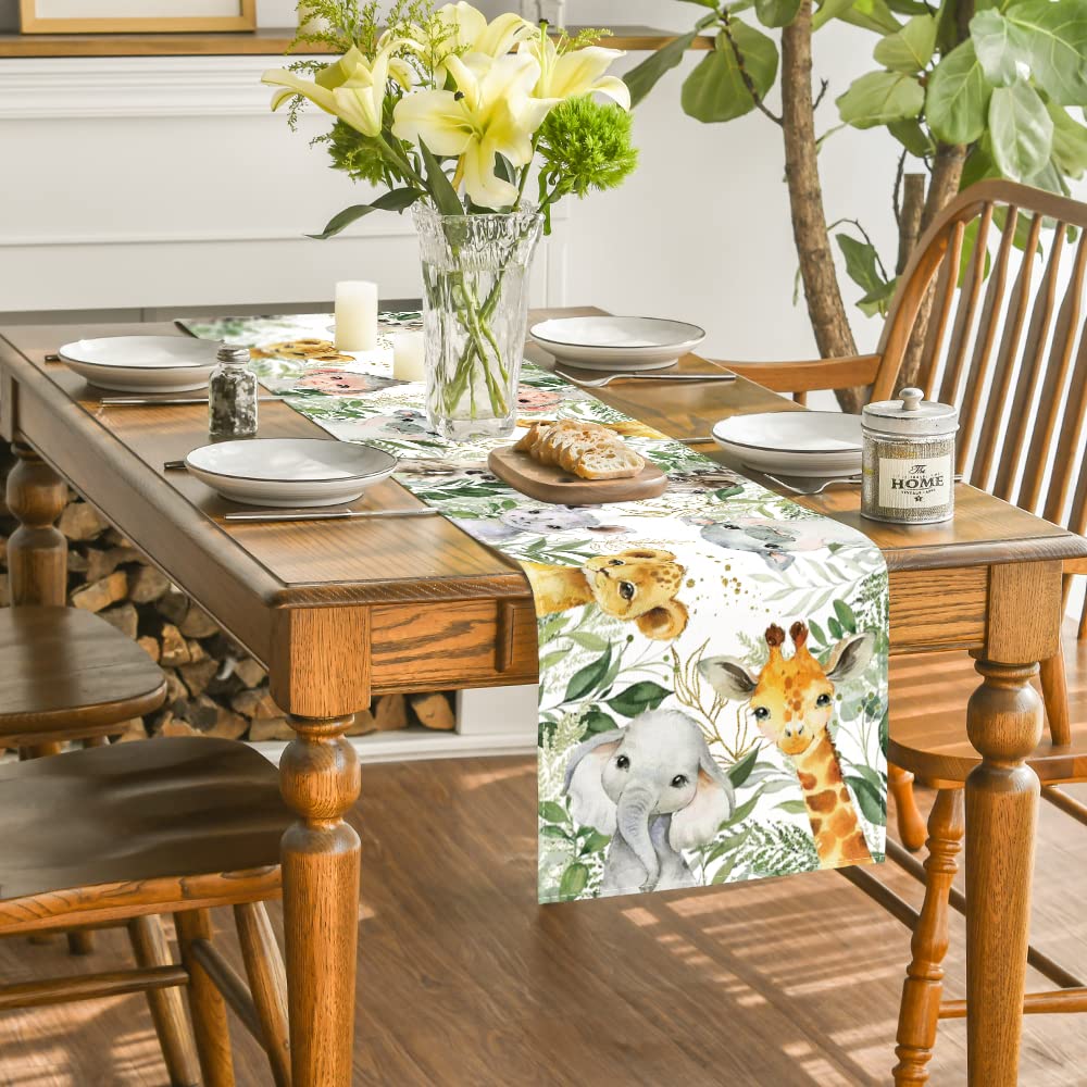 Artoid Mode Animals Elephant Giraffe BabyShower Table Runner, Seasonal Spring Summer Kitchen Dining Table for Home Party Decor 13x90 Inch