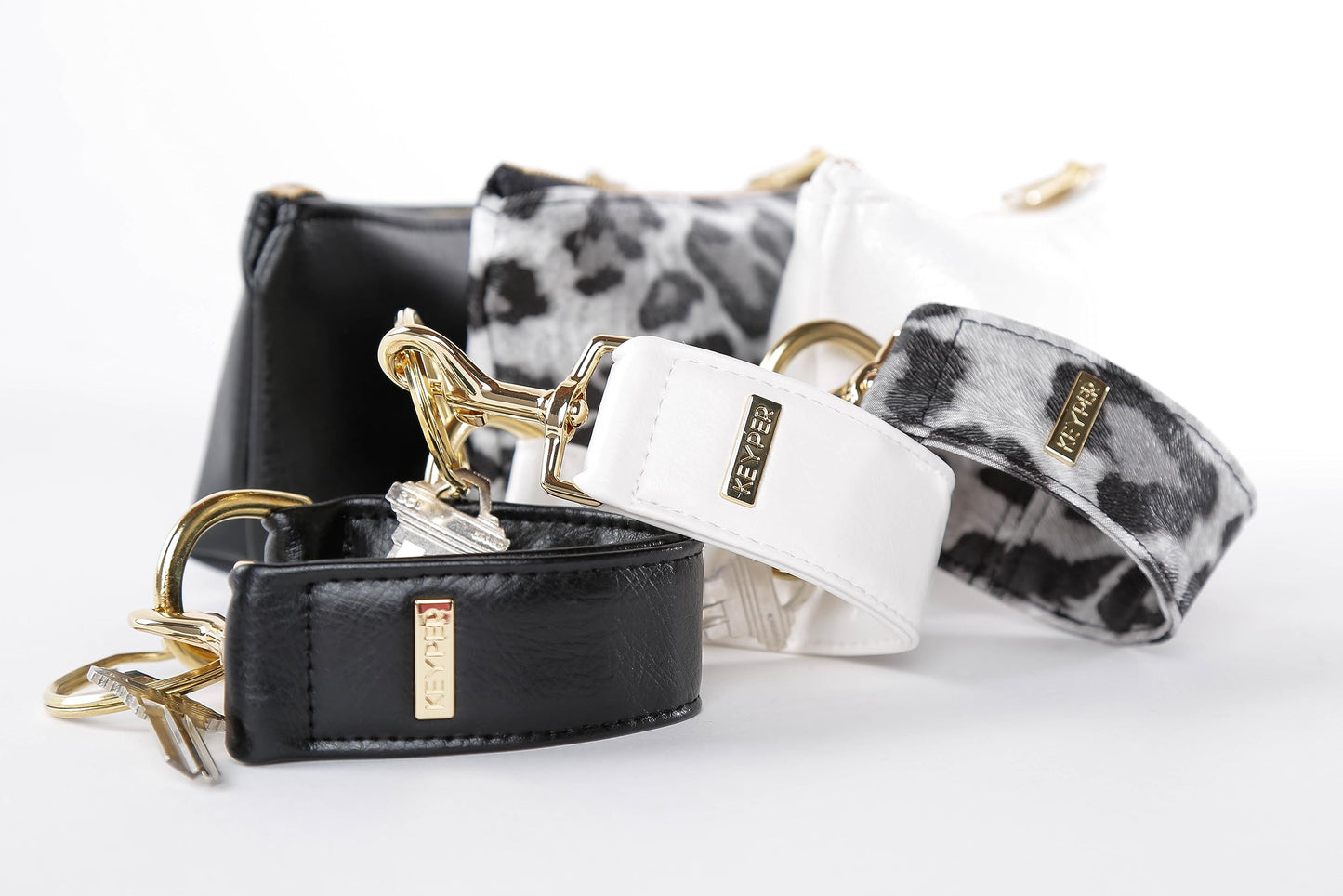 KEYPER 2-Piece Luxe Wristlet Set (IT Bag and a Key Ring Bracelet) PU Vegan Leather Classic Clutch Purse (Snow Leopard Gold)