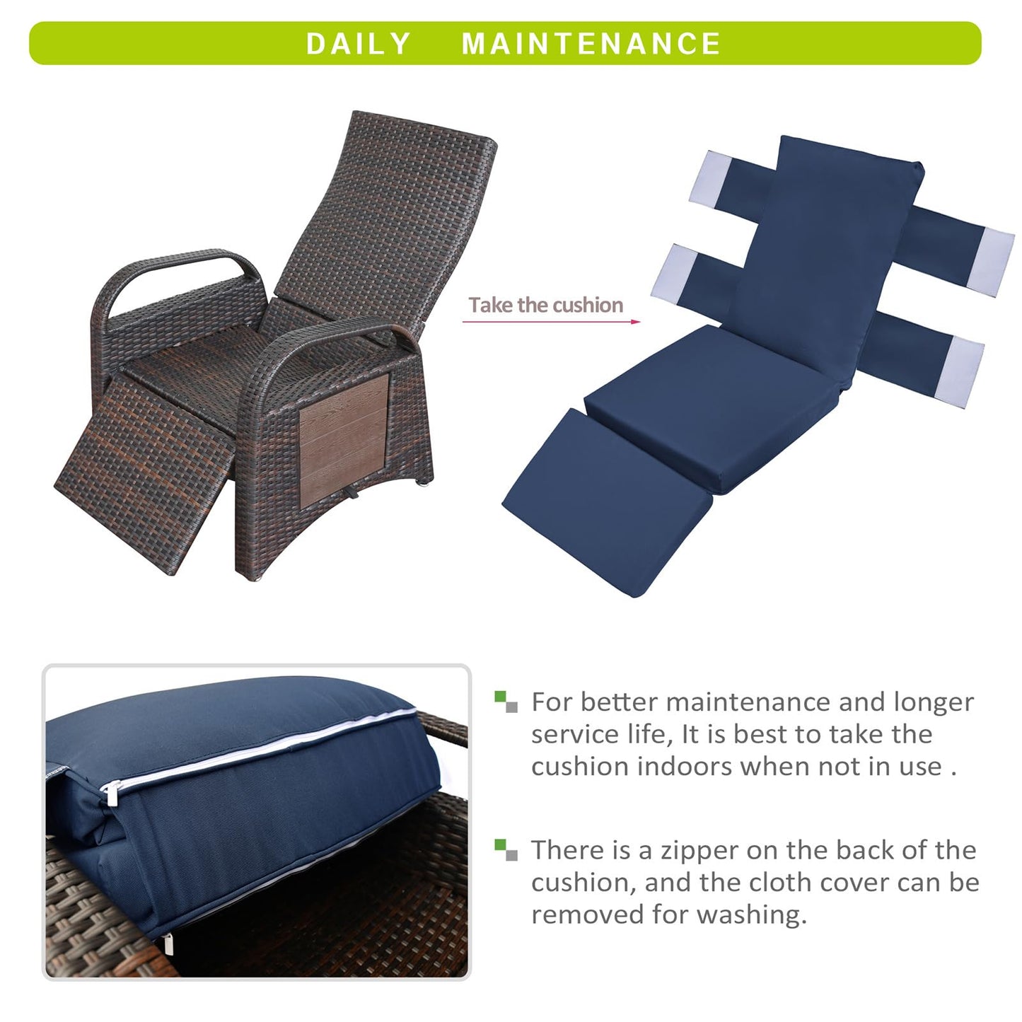 ATR ART TO REAL Outdoor Recliner Chairs, PE Wicker Reclining Lounge Chair with Removable Soft Cushion, Adjustable Outside Recliners for Patio, Porch, Poolside, Balcony, Lawn (Navy Blue, 1 PC)