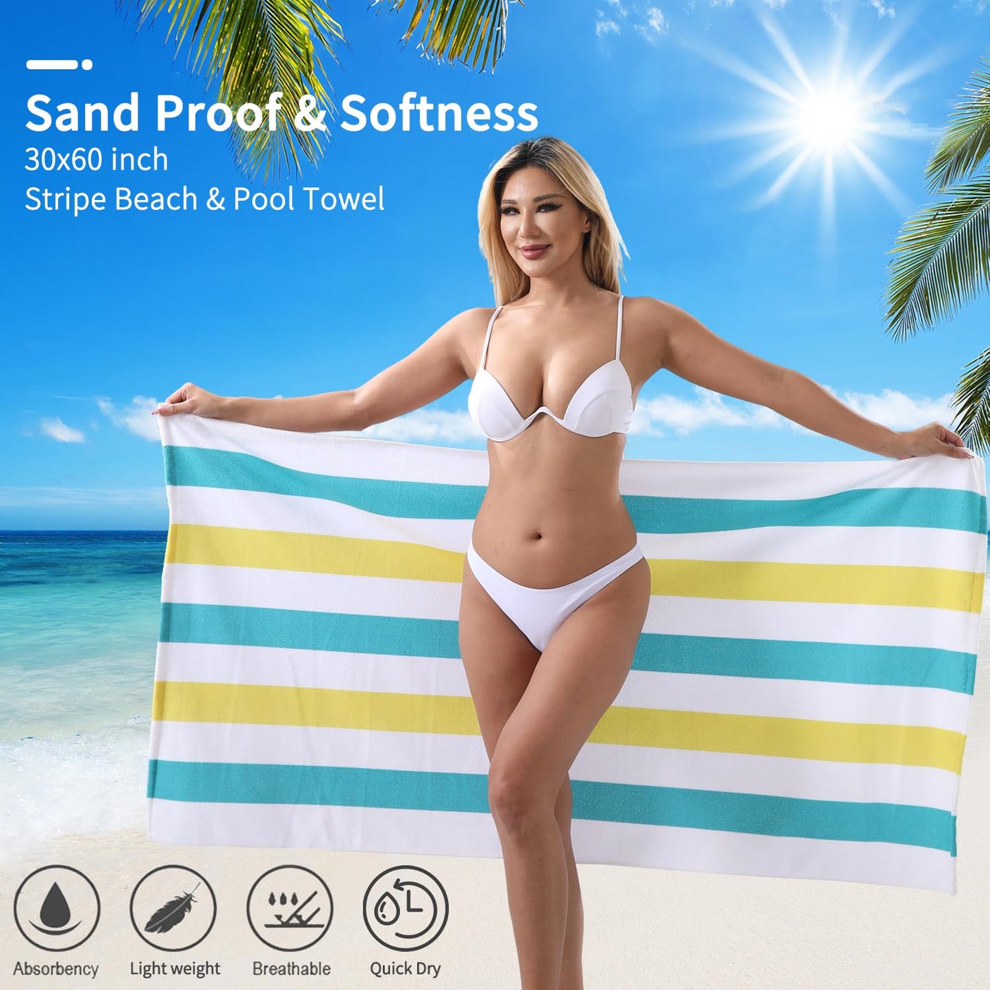 Beach Towel Set-4 Pack 30"x60" Sand Free Stripe Beach Towel for Pool,Bathroom,Soft Absorbent Quick Dry Lightweight Beach Bath Towel,Camping Blanket,Travel Towel,Beach Essentials for Adults,Teal/Yellow