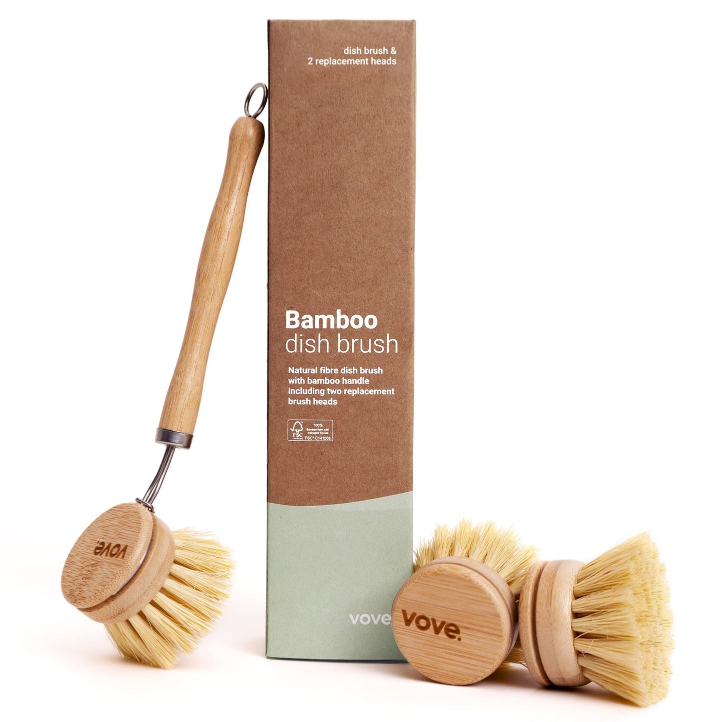| Dish Brush Bundle | Bamboo Dish & Scrub Brush | with 3 Replacement Heads | Eco-Friendly Cleaning Bundle | Natural Fiber | Plastic Free | Sustainable Dish Brush | for Washing and Cleaning |