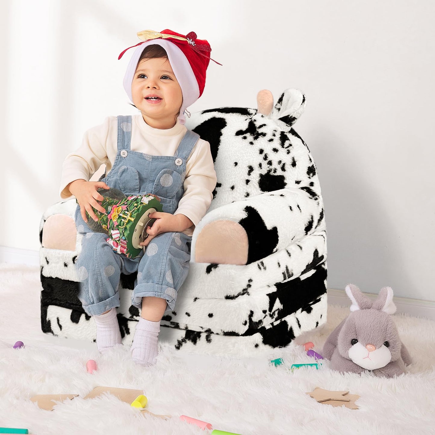 QIUODO Toddler Chair Plush with Removable Cover, 2-in-1 Toddler Couch Fold Out, Cow Shell, Comfy Couch for Kids Over 18 Months, Kids Furniture for Bedroom, Playroom（Cow）