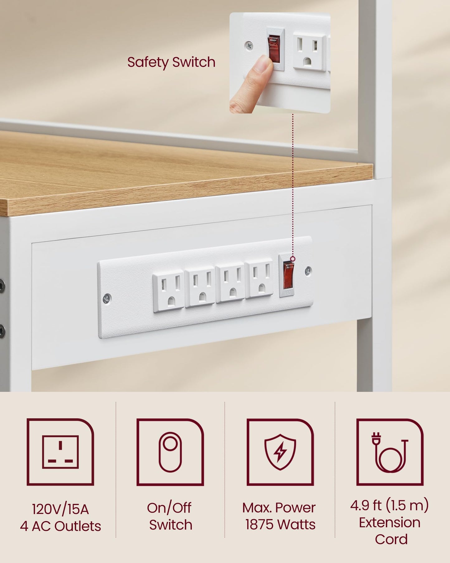 VASAGLE Bakers Rack with Power Outlet, 35.4 Inches Microwave Stand, Coffee Bar, 4 AC Outlets, with Adjustable Shelves, 8 S-Hooks, Basket, Spice Racks, Golden Oak and Cloud White UKKS031Y09